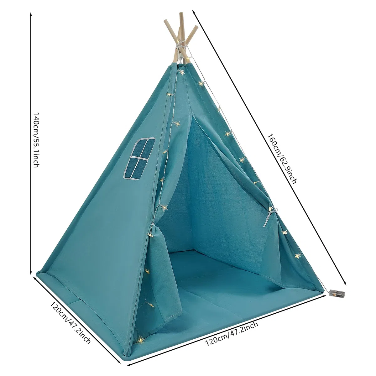 Tipi Tenda per Bambini con Tappetino e Catena Luminosa, Pieghevole in Cotone, Casetta Giocattolo 120 x 120 x 140 cm Blu