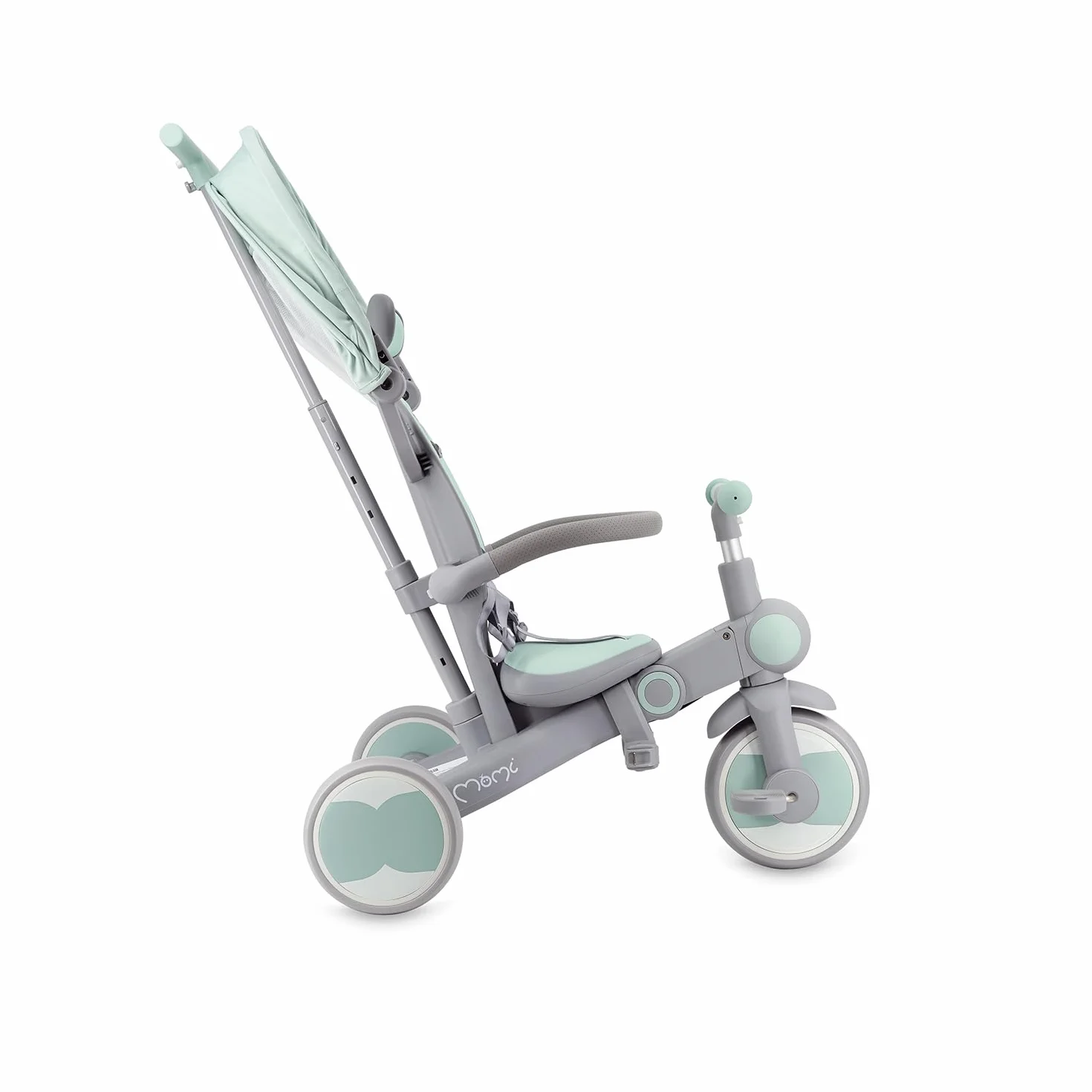 Triciclo per bambini MoMi 4in1 SOLIVIA con manubrio telescopico, cinture di sicurezza a 5 punti, per bambini a partire da 12 mesi, con capottina parasole, ruote in PU, borsa e portabicchiere