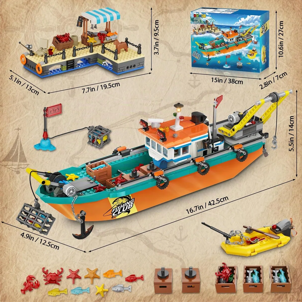 HiWEEGO Città barca da pesca cantiere navale – kit costruzione galleggiante oceano gru container, giocattolo regalo compleanno 6 7 8+