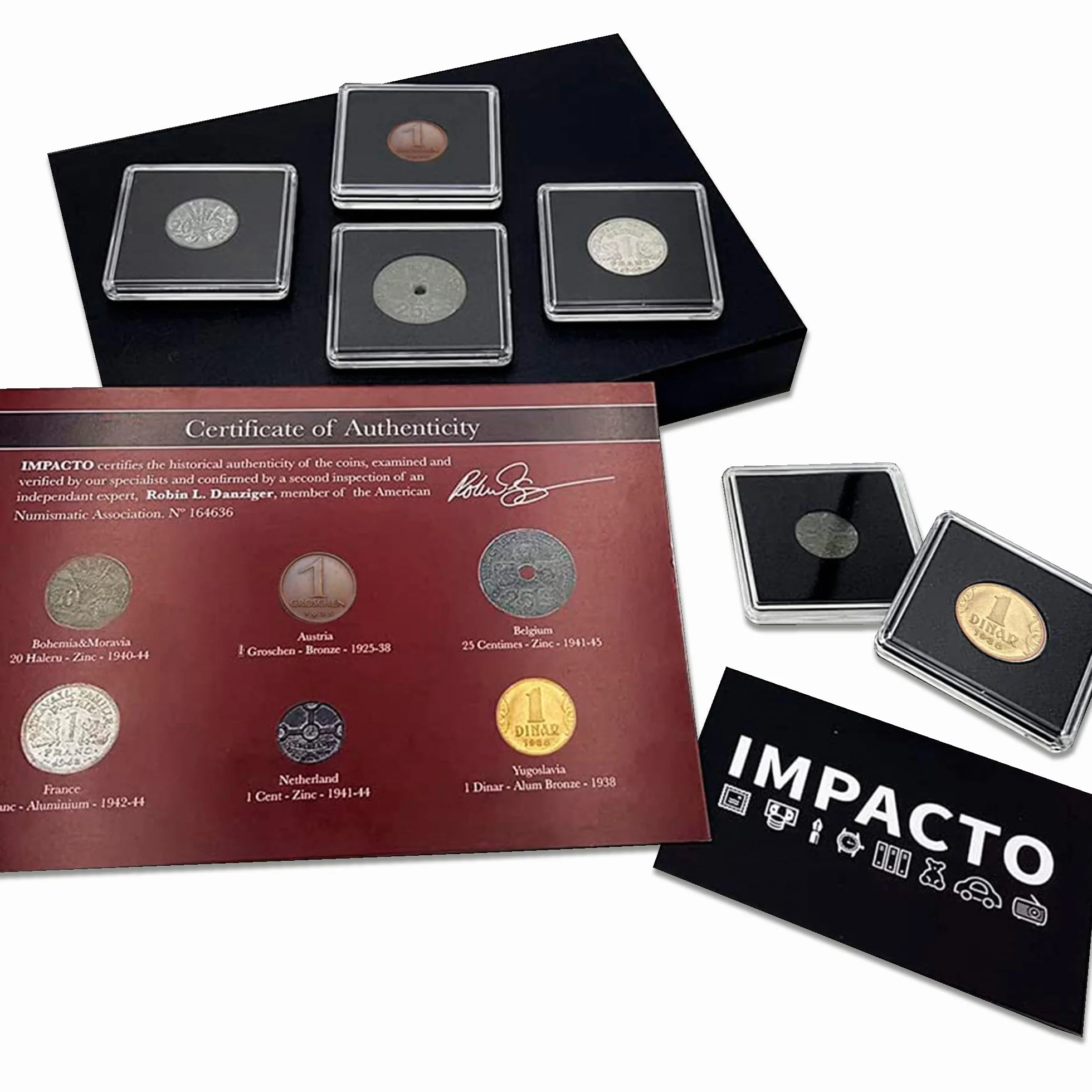 IMPACTO COLECCIONABLES | 6 Monete Autentiche della Seconda Guerra Mondiale – Utilizzate dai Tedeschi nei Territori Occupati, presentate in Scatola da Collezione | Include Certificato di Autenticità