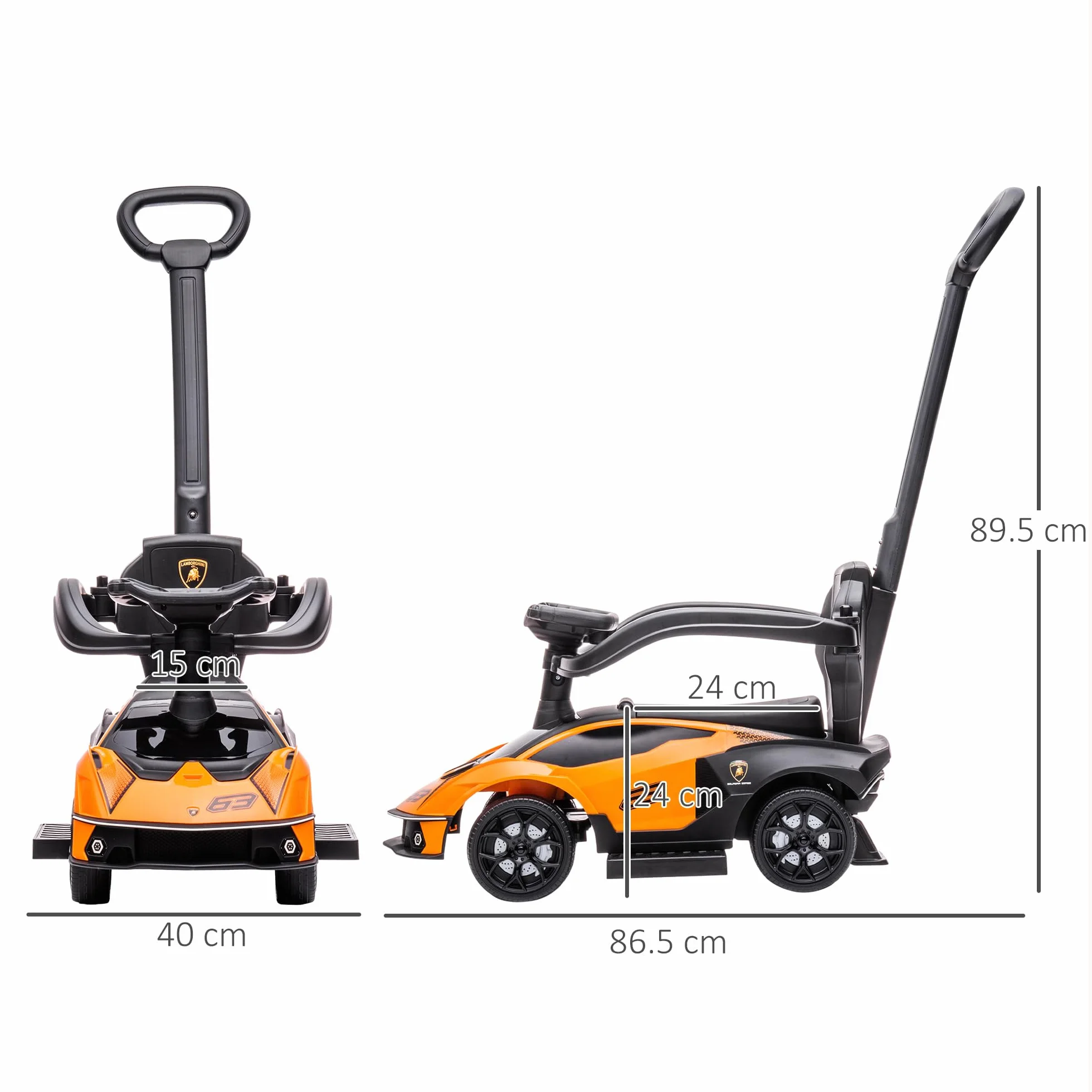 AIYAPLAY Lamborghini Macchinina per Bambini 2 in 1 con Maniglione e Barriera di Sicurezza, Volante e Clacson, Auto per Bambini in PP e Metallo, 86.5x40x89.5 cm, Arancione e Nero