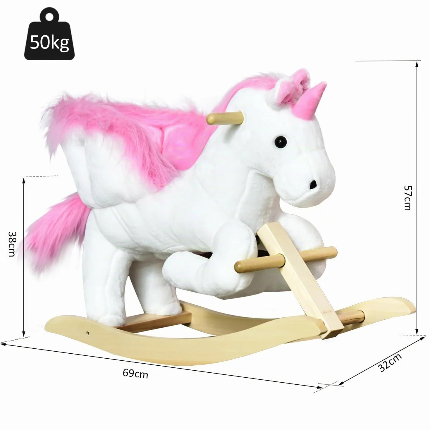HOMCOM Cavallo a Dondolo a Forma di Unicorno con Musica, Struttura in Metallo e Legno, Rivestimento Peluche, 69x32x57cm, Bianco Rosa