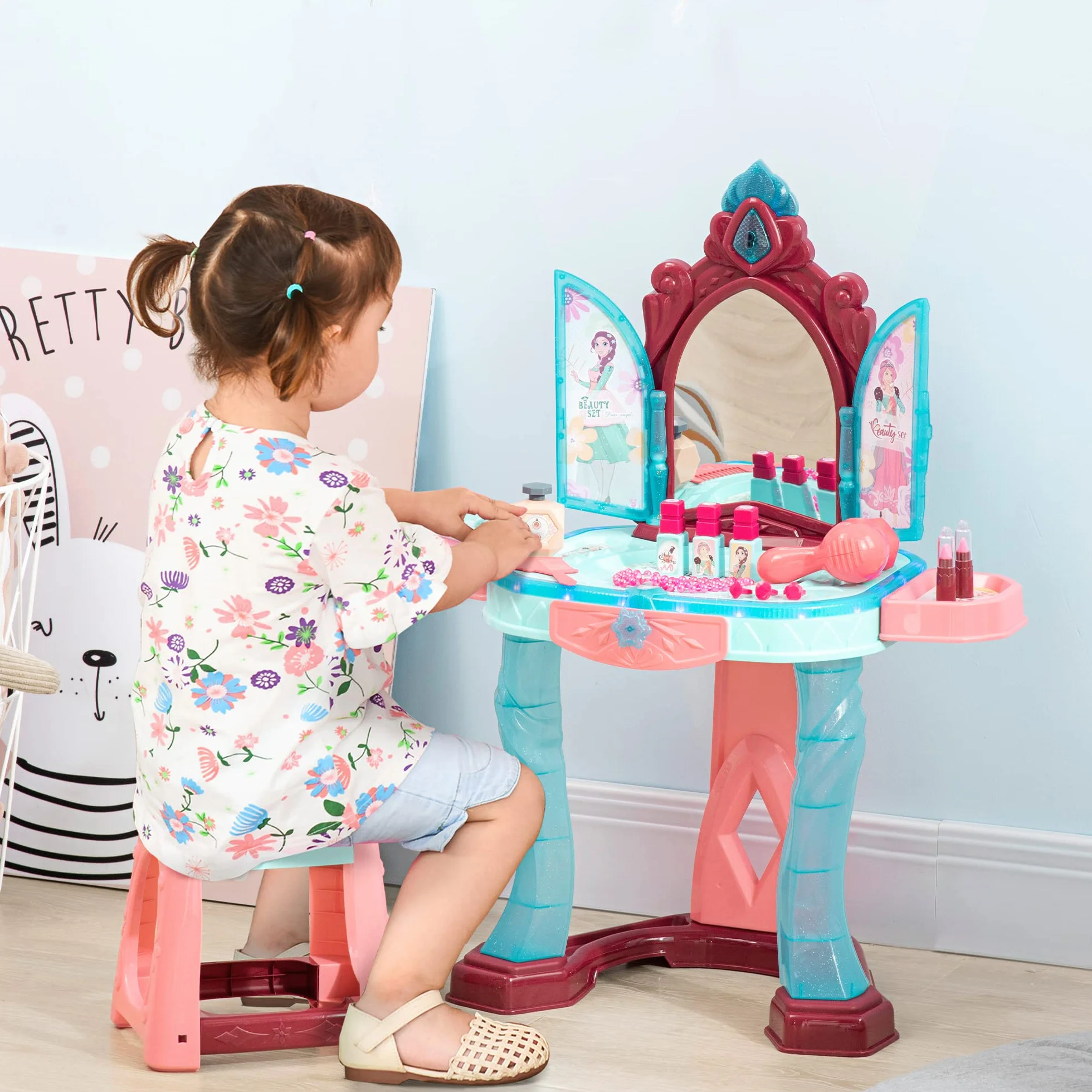 AIYAPLAY Set Tavolo Toeletta con Sgabello per Bambini da 3-6 Anni, Postazione Trucco Bambina con Luci e Musica, 31 Accessori di Bellezza Inclusi