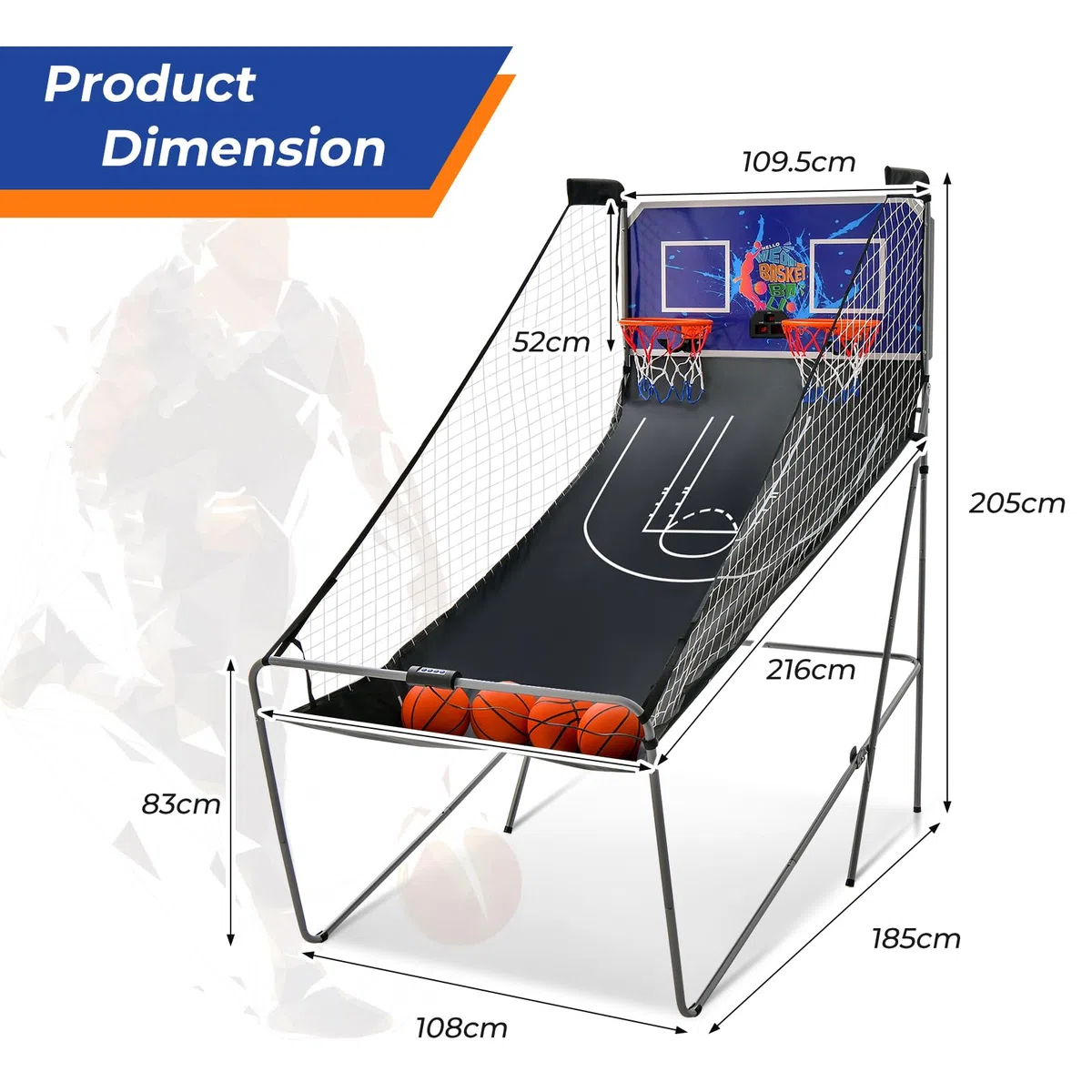KOMFOTTEU Set di cestini da pallacanestro, arcade pieghevole a doppio cestino con contatore elettronico, 8 in 1 macchina da tiro da basket con 4 palline e pompa, 202 x 107 x 205 cm (blu)