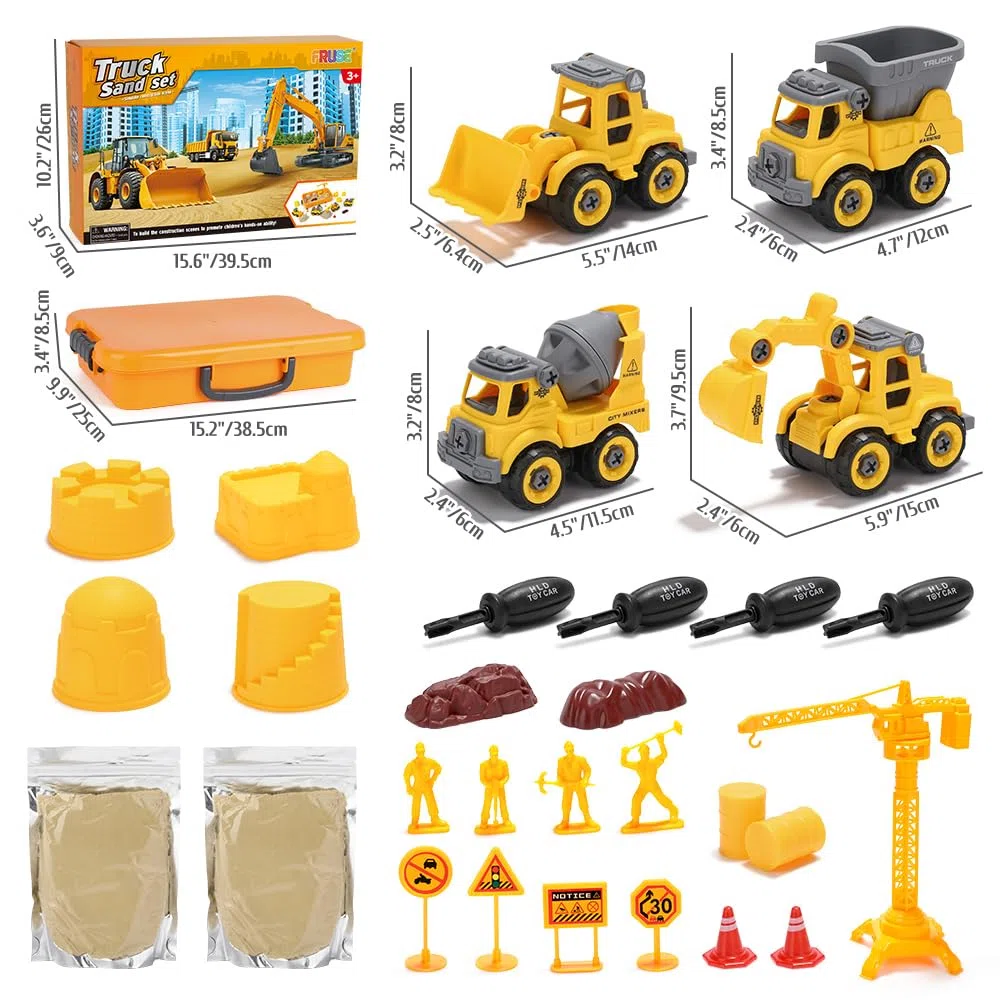 FRUSE Sabbia per Bambini,Kit di Sabbia con Sabbia Magica,4 Camion da Costruzione,4 Stampi per Castelli,Scatola di Sabbia con Coperchio,Sabbiera Giocattolo per Ragazzi e Ragazze Oltre i 3 Anni