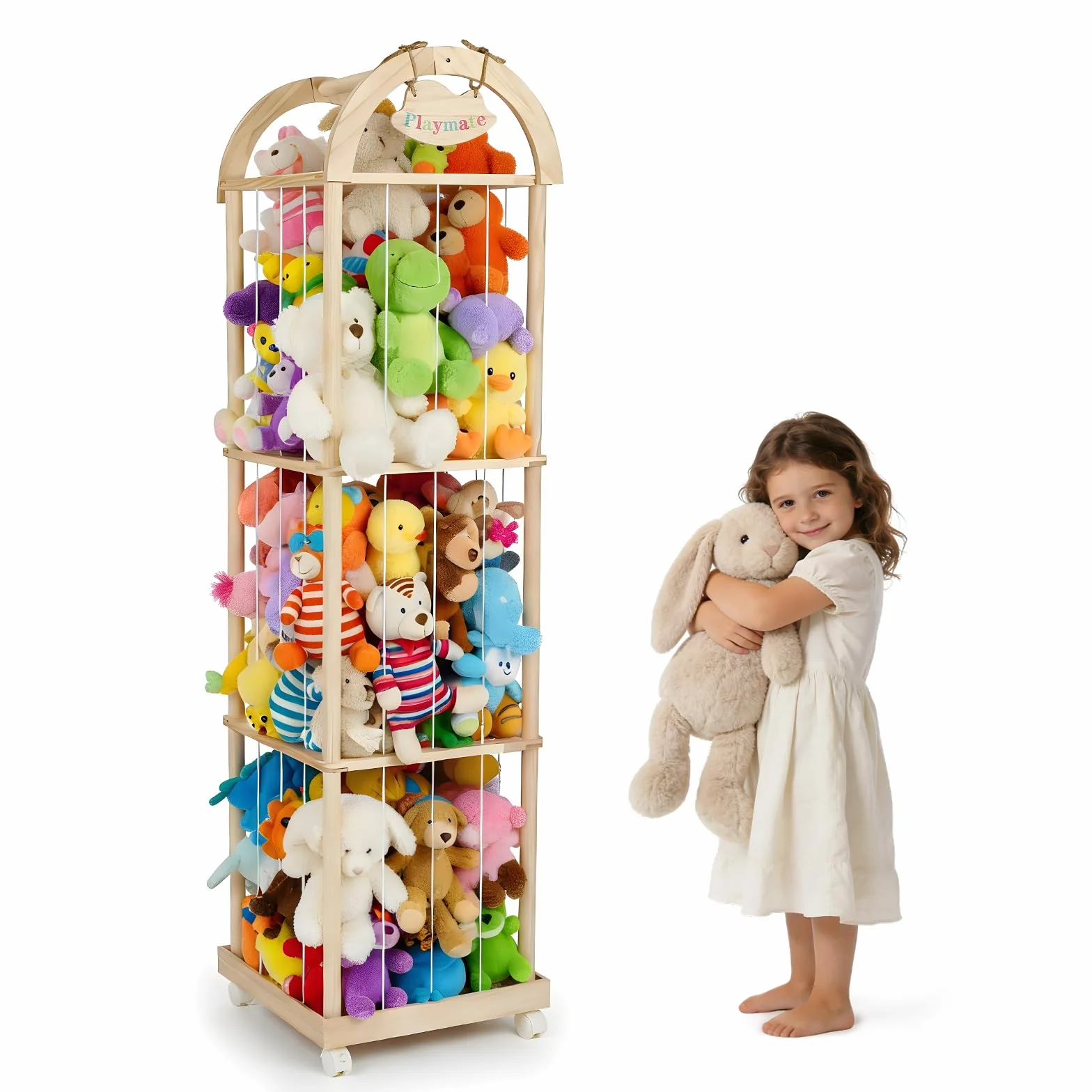 Contenitore per animali di peluche in legno, con ruote attrezzate a 360°, robusto scaffale giocattolo a 3 livelli, per soggiorno, camera da letto, mobili per cameretta dei bambini