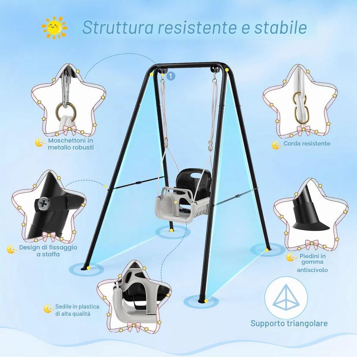 4-in-1altalena da giardino per bambini, Altalene Saltare Su per Bambini per Giochi, Supporto Metallo Pieghevole, Sedili Rimovibili Alta Qualità, 18 Mesi-6 Anni