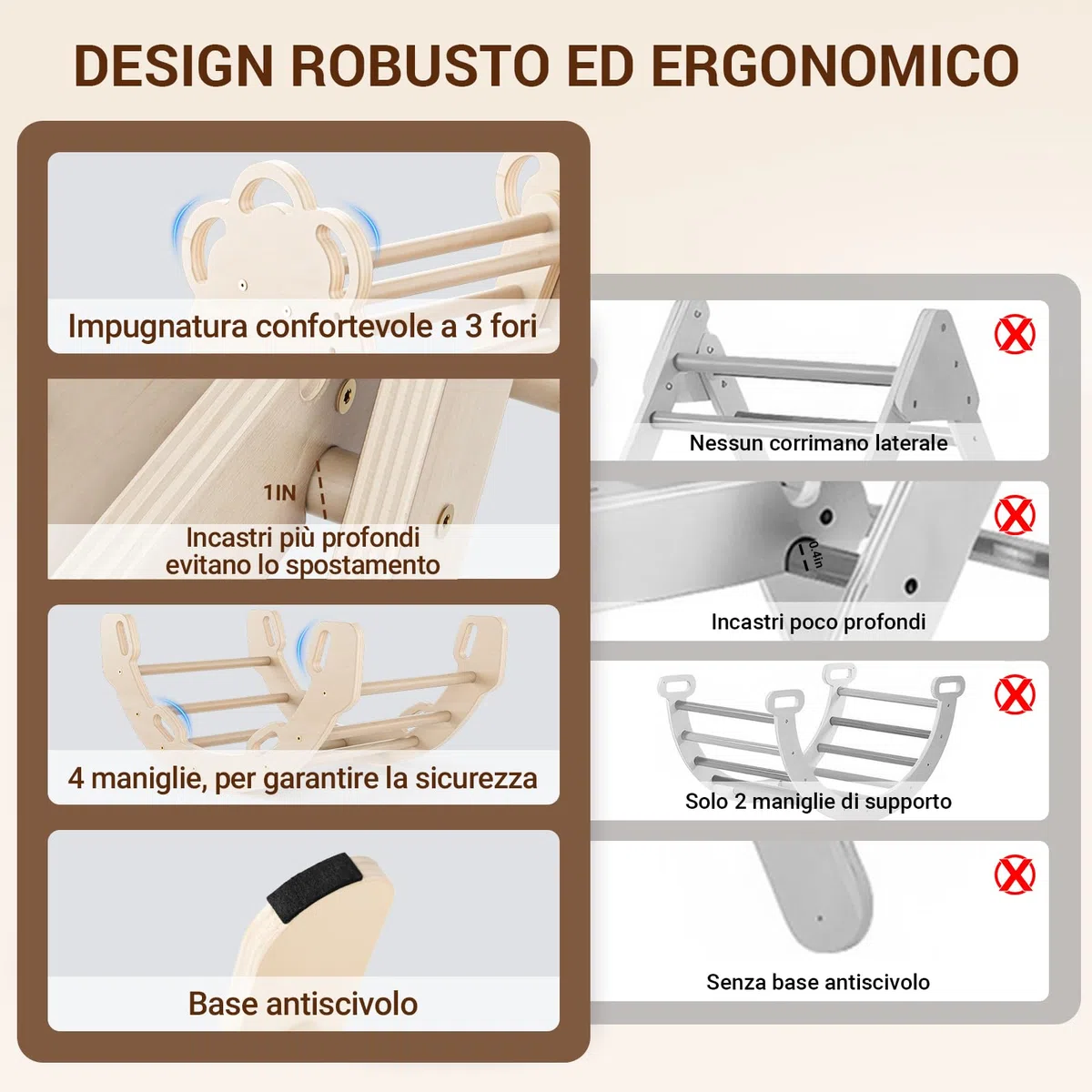 COSYLAND Triangolo di Pikler Regolabile 3 Livelli con Scivolo 8 in 1 per Bambini 18M-6Y Naturale
