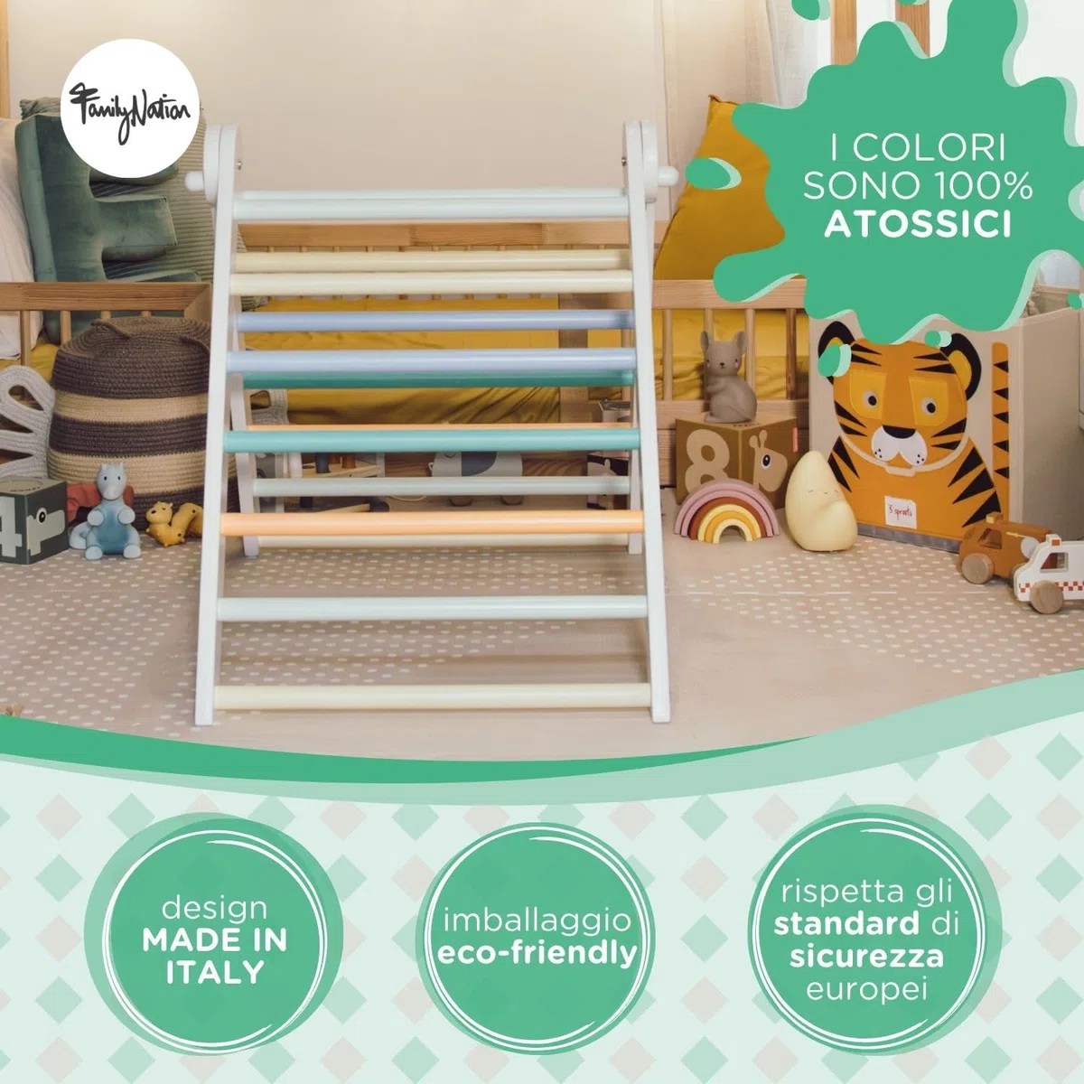 Triangolo Montessori Pikler Sunny Beach per Bambini 1 Anno Struttura in Legno Pieghevole Colori Atossici