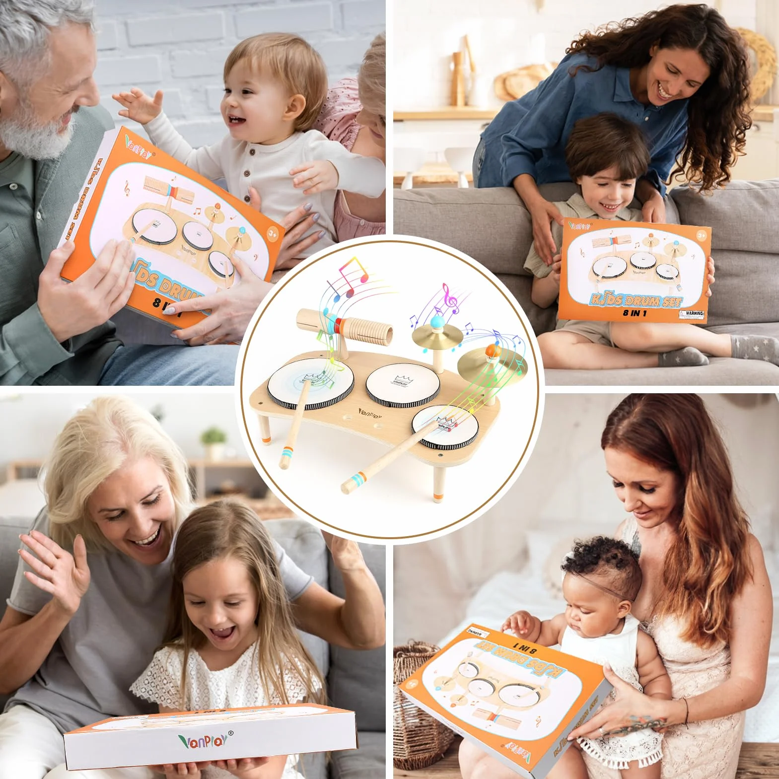 Vanplay Giochi Bambini Tamburo Bambino Strumenti Musicali Batteria per Bambini Giochi Legno Regalo Bambino 3 4 5 Anni