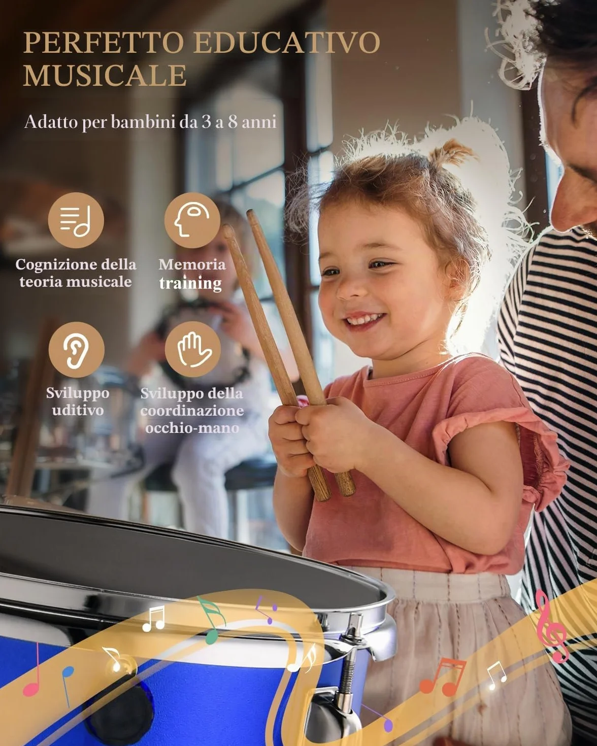 Eastar Batteria per Bambini per età 3-10 Anni, Junior Drum Set con Rullante, Tom, Grancassa, Pedale Grancassa (Specchio Blu)