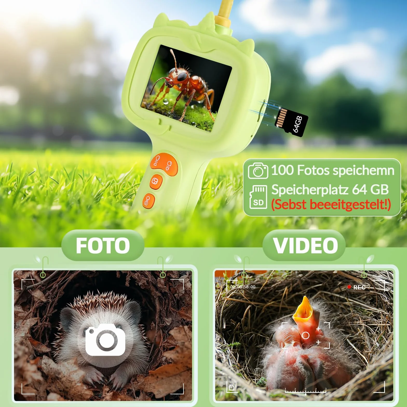Sprifityy Endoscopio per Bambini,Fotocamera endoscopica con luce, Gioco STEM per esplorazione all'aperto,Impermeabile IP67,per ragazzi e ragazze di 4, 5, 6, 7, 8, 9, 10 anni