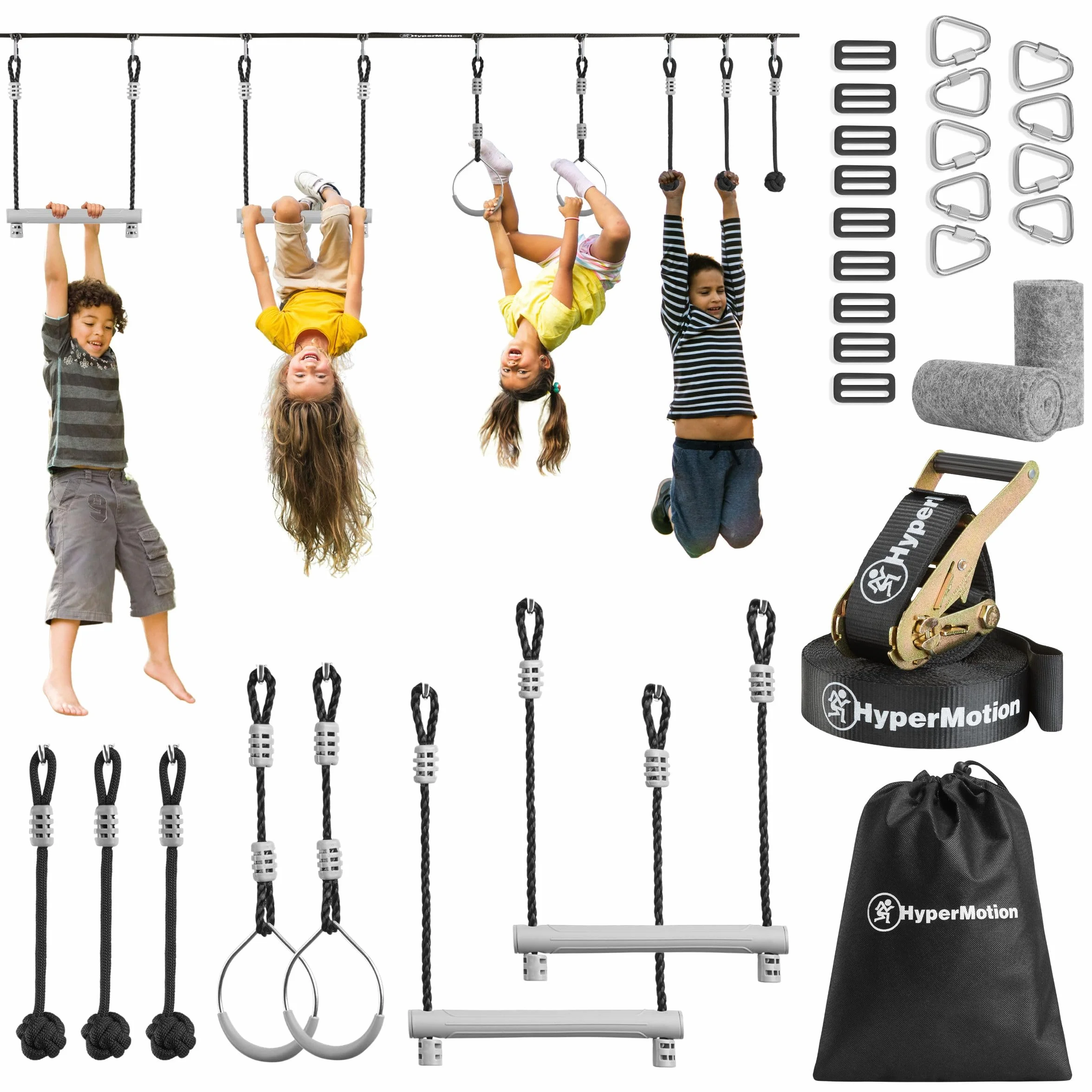 HyperMotion Percorso Ostacoli Bambini Ninja 7 Elementi Set Slackline 15m Aste Ruote Pugni di Scimmia Kit Allenamento Giardino Arrampicata Equilibrio Portata 113 kg