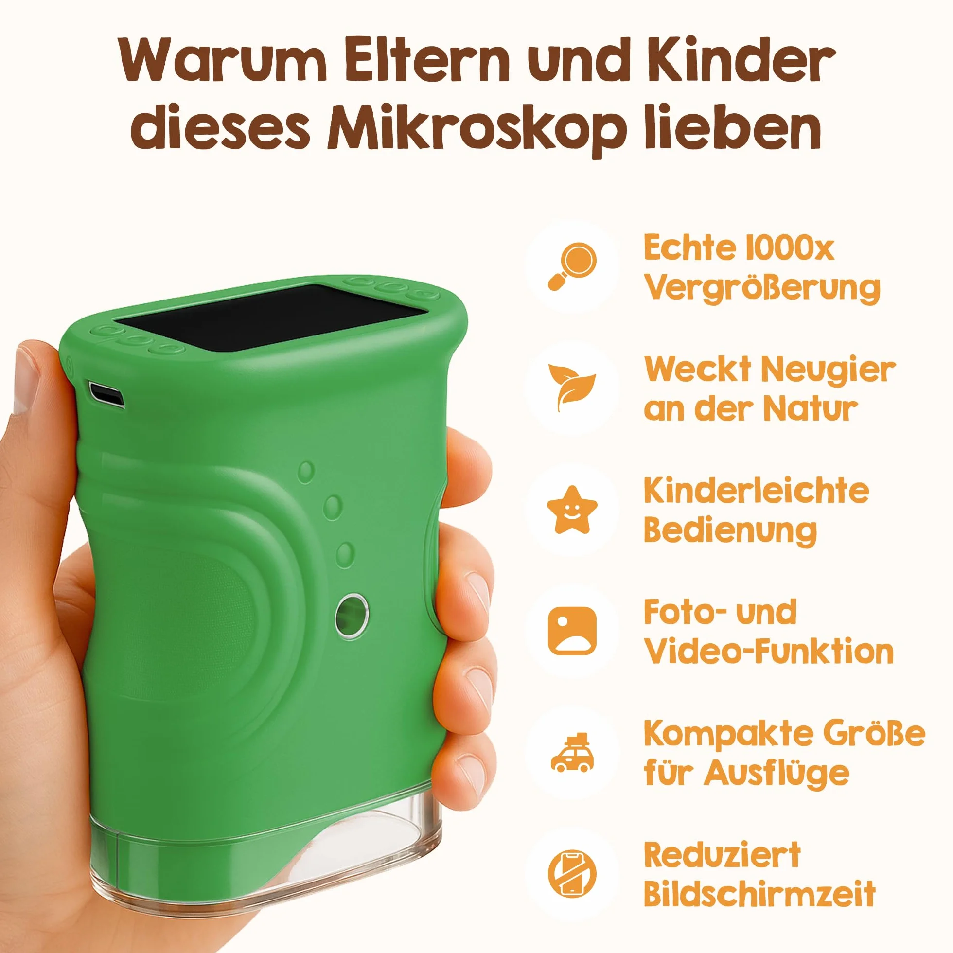 Edubini Microscopio digitale per bambini [ingrandimento 1000x] - Microscopio portatile tascabile per giardino, foresta ed esperimenti - Microscopio per bambini con schermo HD digitale [funzione foto]