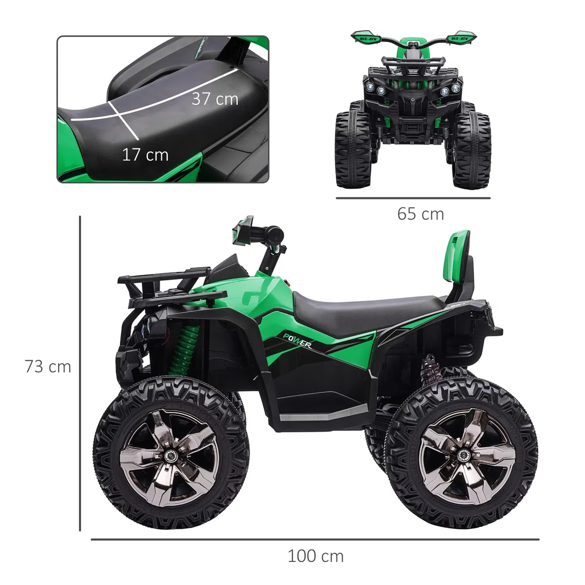 HOMCOM 12V Quad Elettrico per Bambini 3-8km/h Auto Elettrica Doppi Motori Ruote Larghe Batteria 10AH 100x65x73 cm Verde