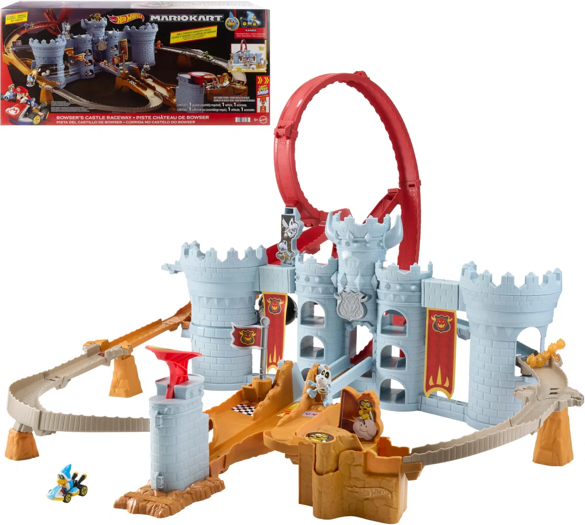 Hot Wheels Mario Kart - Castello di Bowser, set interattivo con lanciatore e macchinina Kamek inclusa, può contenere oltrre 30 veicoli, giocattolo per bambini, 5+ anni, JHD24
