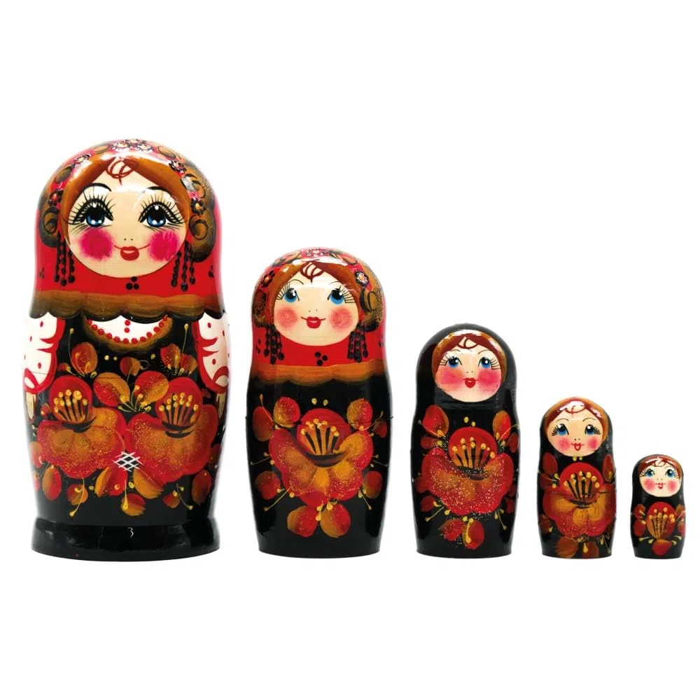 Hohlama Fantasia Matrioska Babushka 18 cm 5 bambole legno nero-rosso
