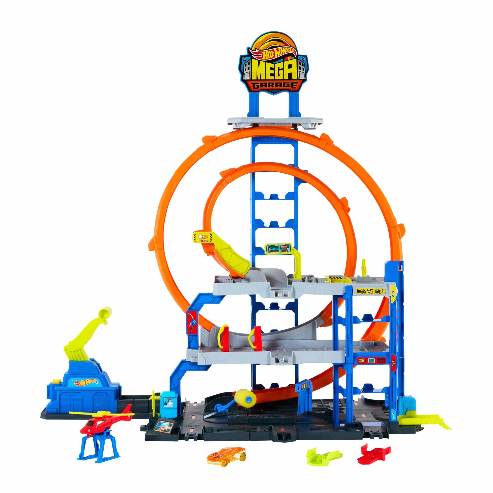 Hot Wheels - Mega Garage, Set Pista con 3 Livelli di Gioco e 2 Loop, macchinina ed Elicottero Inclusi, adattatori Speed Snap e Spazio per riporre 37 Veicoli, Giocattolo per Bambini, 4+ Anni, JLC05