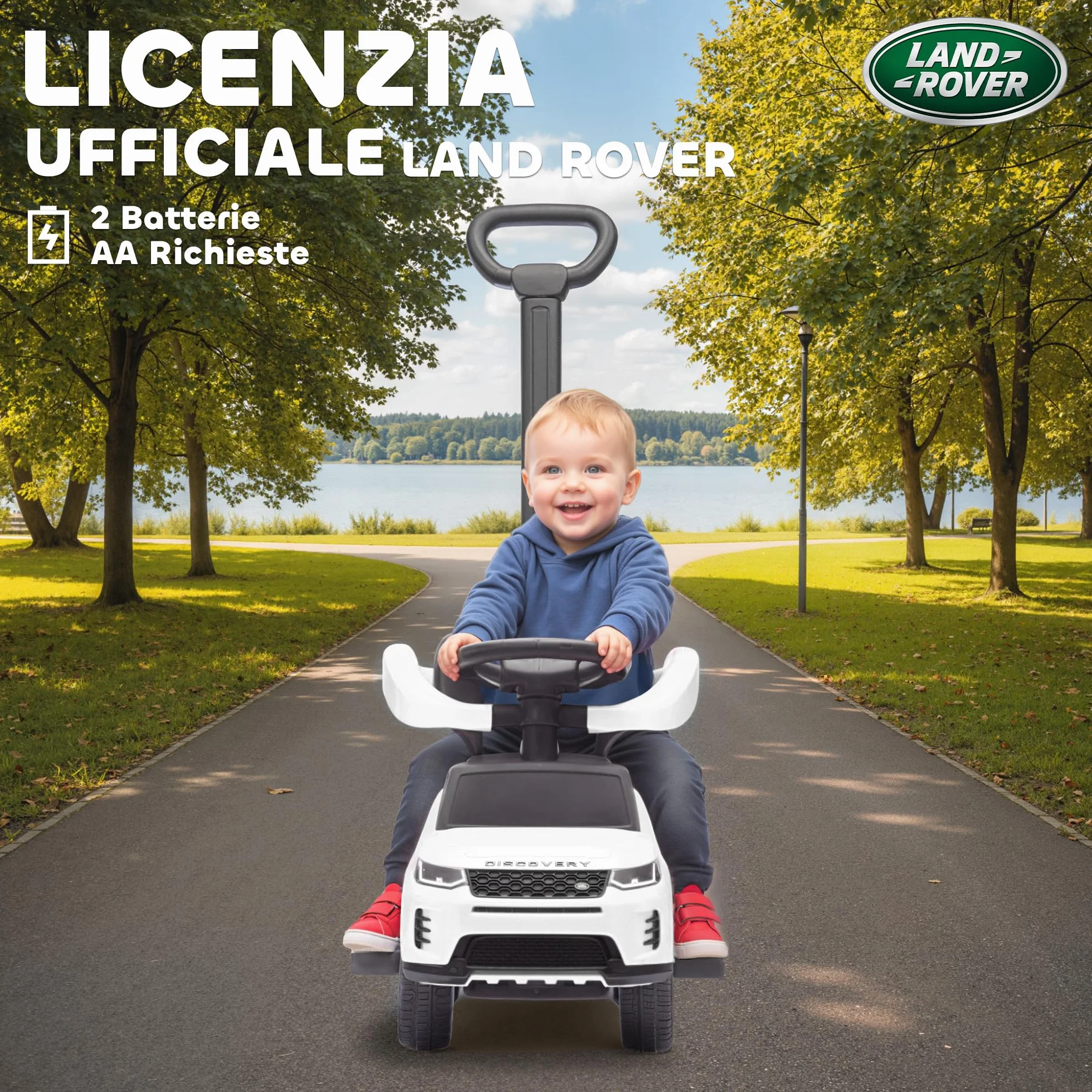 AIYAPLAY Macchina Primi Passi Cavalcabile per Bambini 1-3 Anni Licenza Land Rover Discovery con Maniglione e Barriera a 360°, Passeggino per Bambini in PP e Acciaio, 84x40x94.5 cm, Bianco