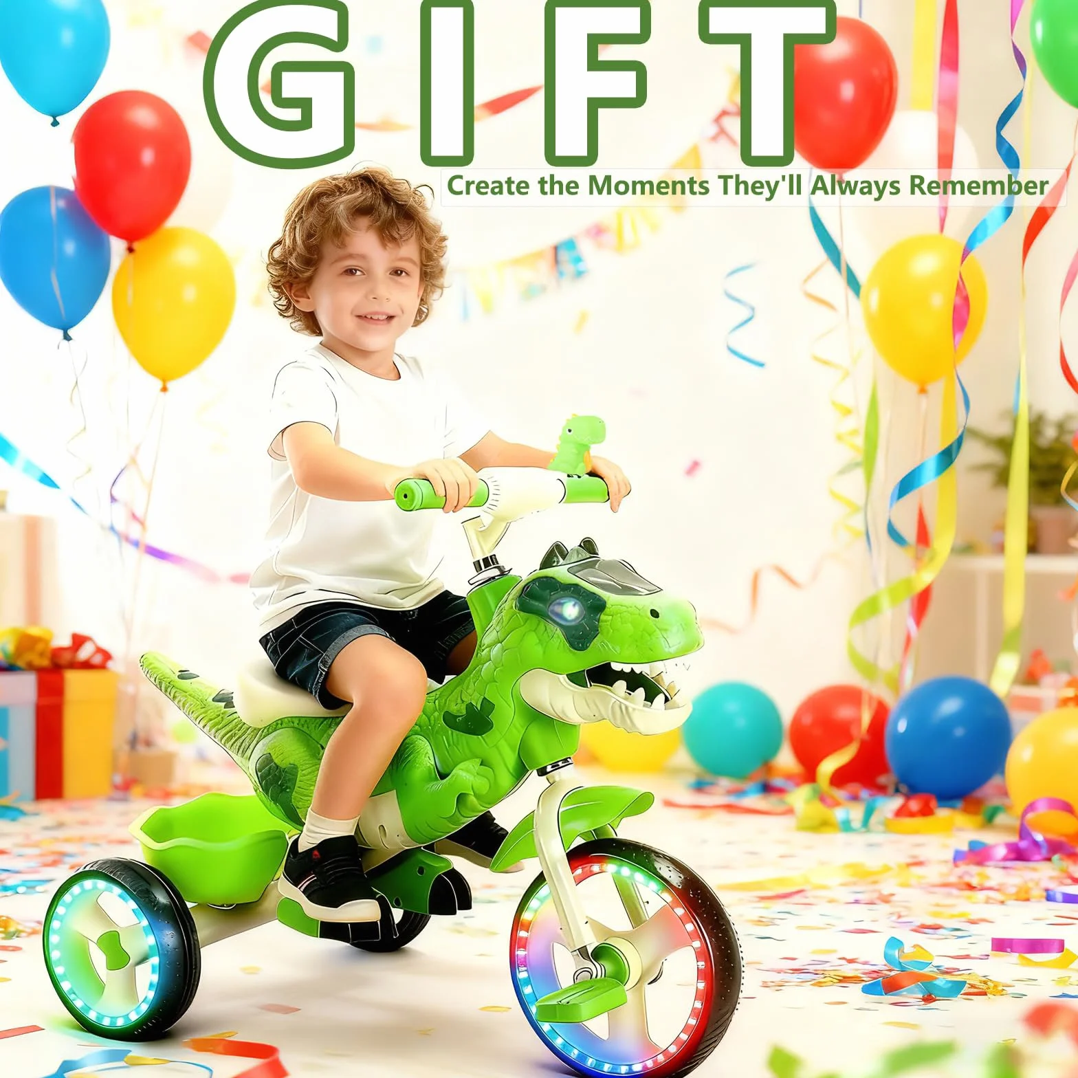 NMM Triciclo Dinosauro Con Clacson e Cesto Portaoggetti, Triciclo Bambini 2, 3, 4, 5, 6 Anni, Con Musica e Luci, Regali di Compleanno e Natale Adatti a Bambini e Bambine - Verde