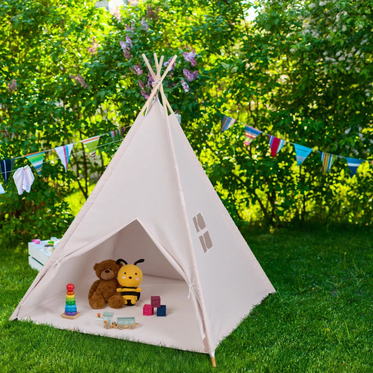 Relaxdays Tenda Bambini Capanna Indiana Gioco Tappetino Interni Esterni 158x125x125 cm Beige