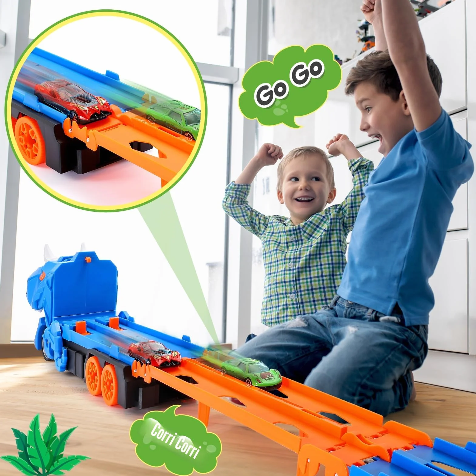 iKidiki Dinosauri Camion Macchinine per Bambini, Gioco Bambino 2 3 4 5 Anni Dinosauri per Bambini Regalo Bambino 2 3 4 5 Anni Camion Giocattolo per Bambini, Traccia Car con 6 Auto da Corsa in Lega