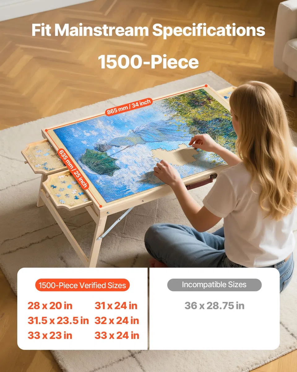 VEVOR Tavolo da Puzzle Pieghevole da 1500 Pezzi con Gambe Pieghevoli, 4 Cassetti e Coperchio, Set da Tavolo per Puzzle Standard in Legno 865 x 635 mm per Adulti, Facile da Riporre