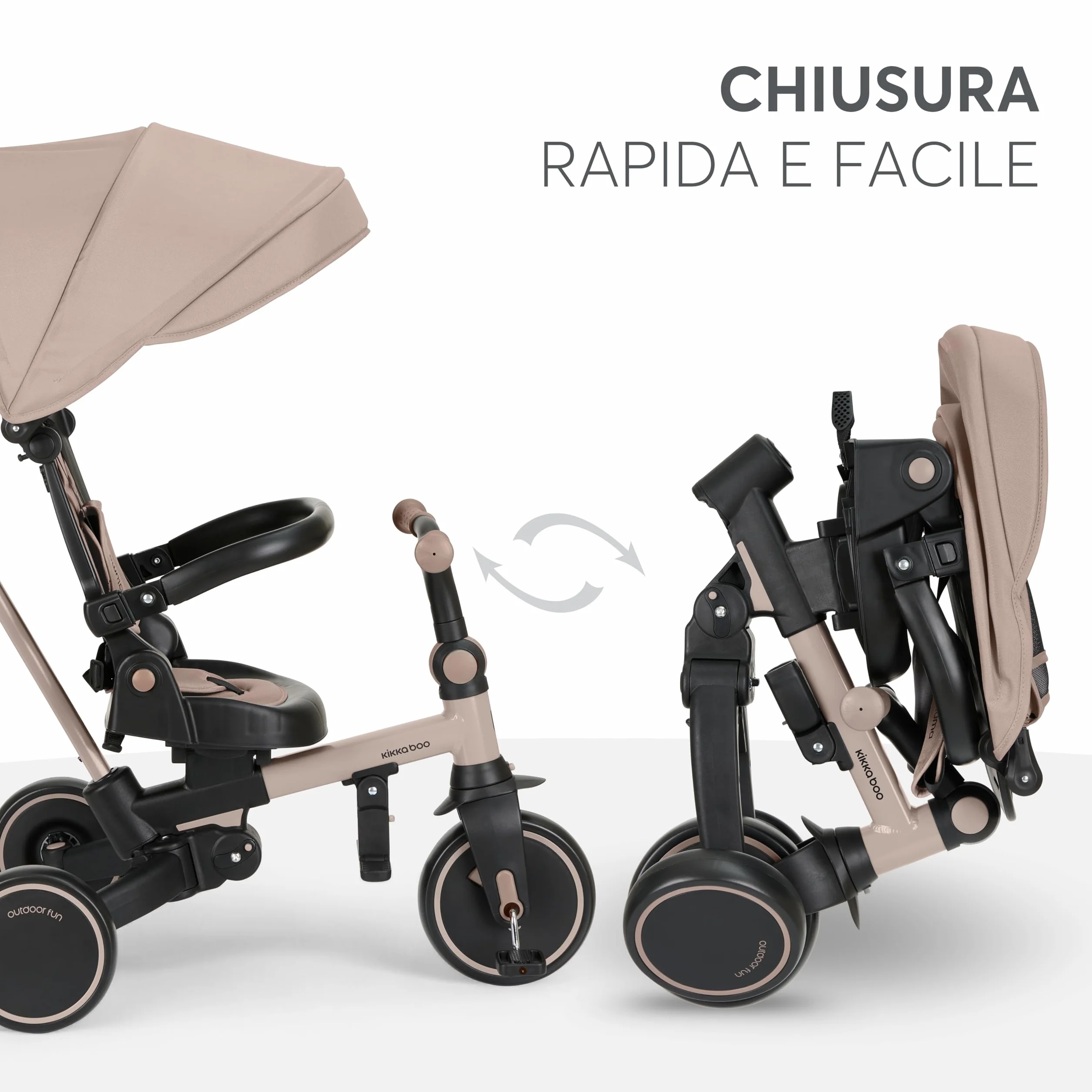 KikkaBoo Triciclo Evolutivo 8 in 1 ALUMA, da 12 Mesi a 5 Anni, Triciclo Passeggino Pieghevole con Maniglione per Genitori, Beige