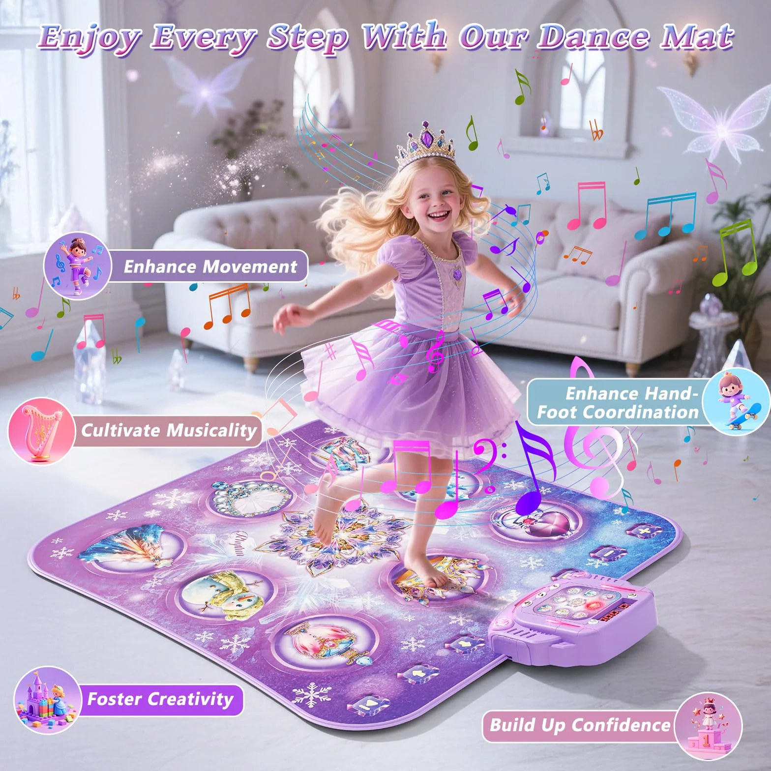 Tappetino da ballo bambini giocattolo regalo bambine,Dance Mat a 8 pulsanti con Bluetooth,4 modalità di gioco,musica integrata,regalo di compleanno e Natale per la principessa viola,età 3 4 5 6-8 anni