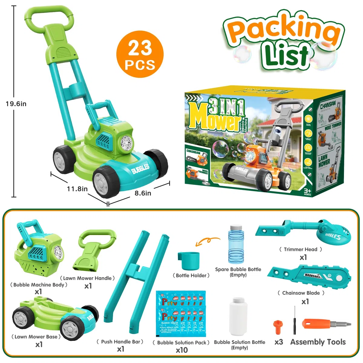 Tosaerba Spara Bolle per Bambini, Macchina per Bolle 3-in-1 con 10 Soluzioni, Giochi all'Aperto per Bambini 3-8 Anni, Regalo di Compleanno Pasqua Estate per Ragazzi e Ragazze 3 4 5 6 7 8 Anni