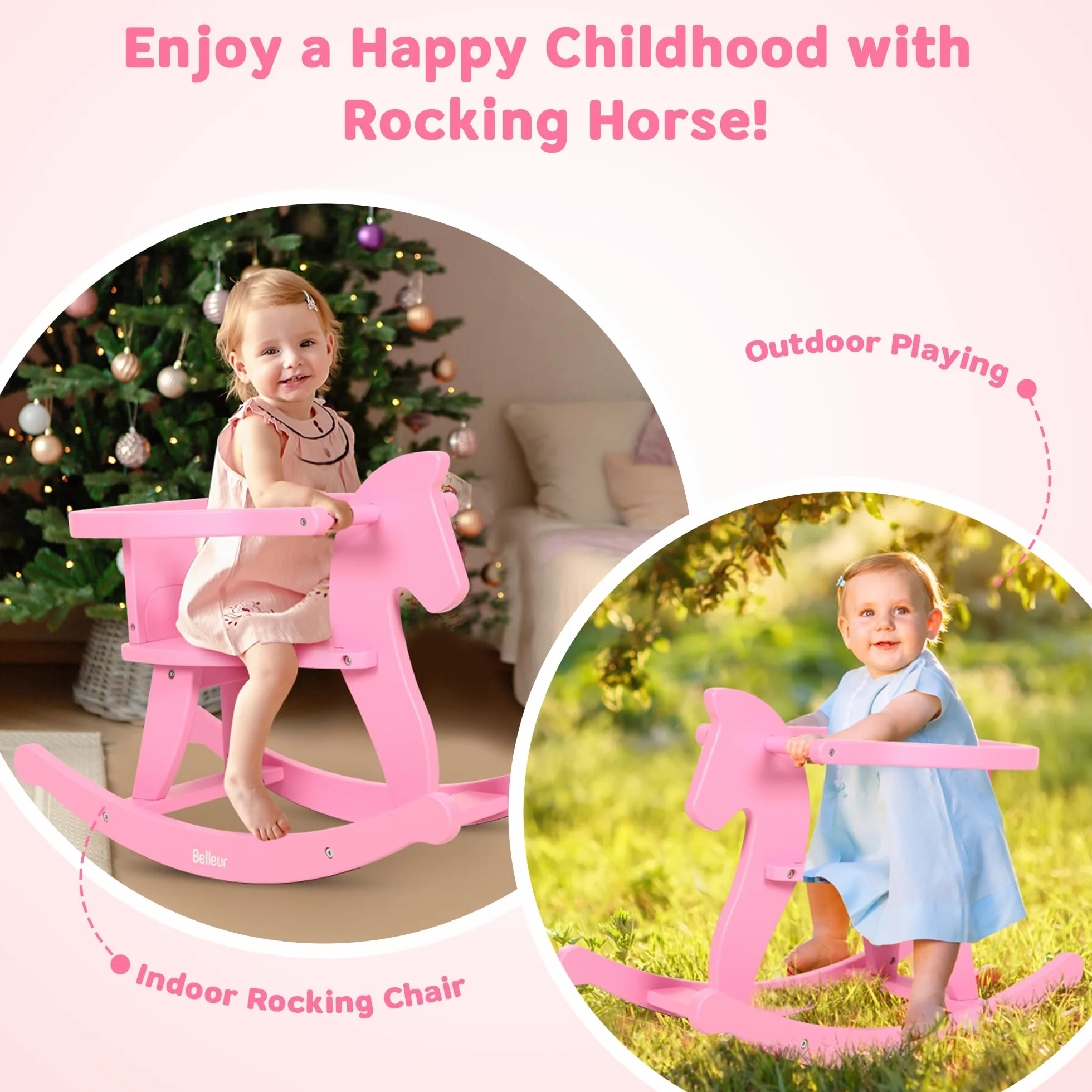Belleur Cavallo a Dondolo in Legno per Bambini, Cavalcabile in Legno per Bambini da 1 a 3 Anni, Ragazzi e Ragazze, Animale a Dondolo per attività al Chiuso e all'Aperto, Compleanno