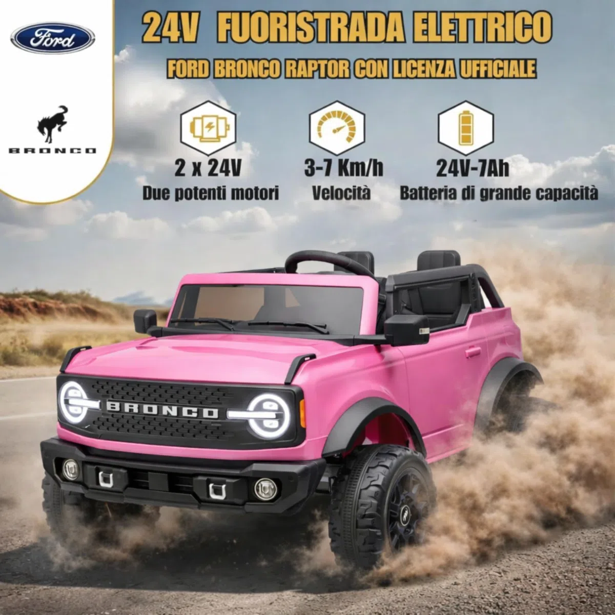 Ford Bronco 24V Maxi Auto Elettrica Bambini 2 Posti Telecomando Porte Apribili Bluetooth 60 Kg Rosa