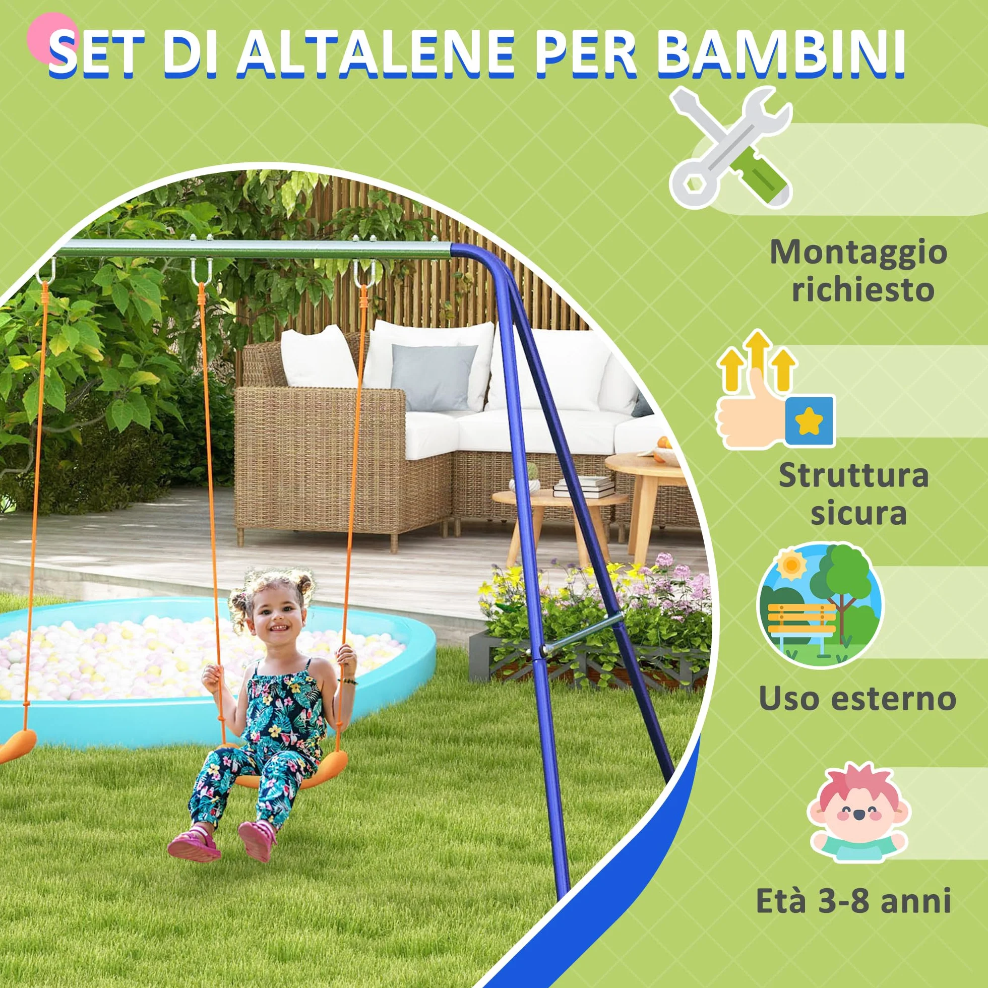 Outsunny Altalena per Bambini 3-8 Anni con 2 Seggiolini e 4 Picchetti, Altalena Doppia da Giardino in Metallo, 269x160x180 cm, Multicolore