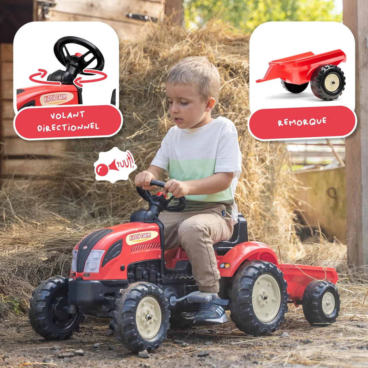 FALK Trattore a pedali Kiddy Farm Rosso con rimorchio Made in France 2158L