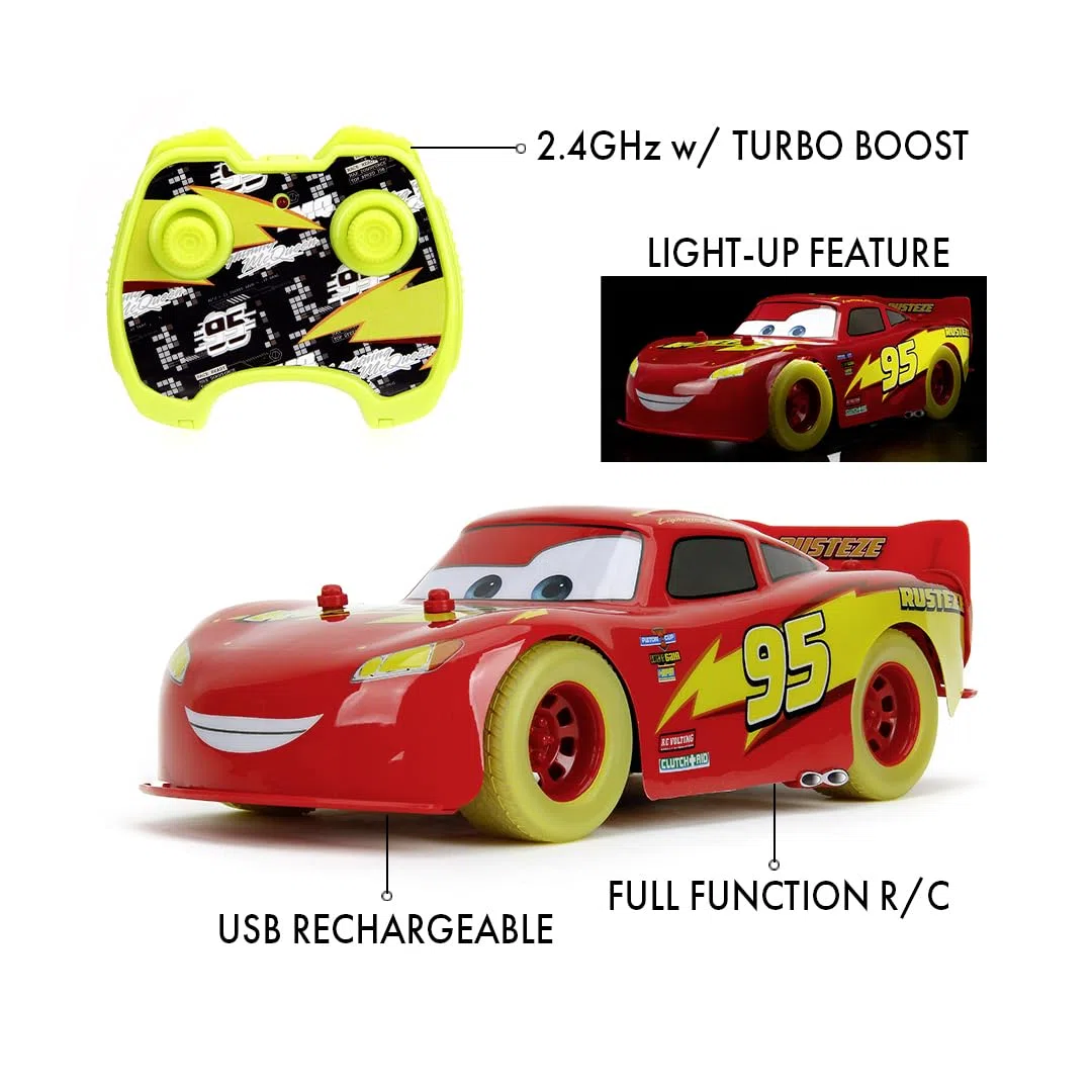 Jada - Disney Cars Glow Racer RC Lightning McQueen scala 1:14, Auto Radiocomandata 31 cm con Luci e Effetti Glow in the Dark, 2,4 GHz, Funzione Turbo, Batteria Ricaricabile USB, +6 Anni, 9335563314R00