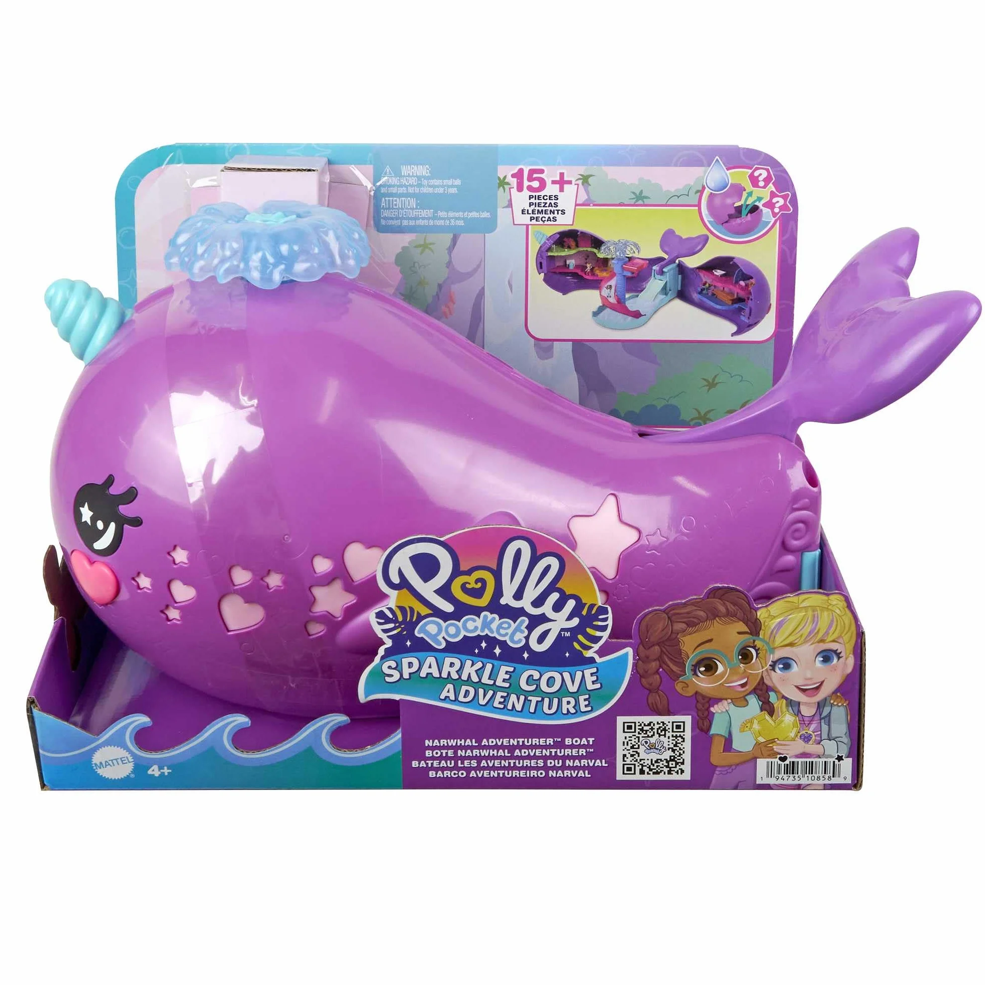 Polly Pocket Avventura sull'Isola dei Cristalli - Narvalo Grandi Avventure, playset barca a due piani con 2 bambole, 3 perle solubili e 13 accessori inclusi, giocattolo per bambini, 4+ anni, HKV71