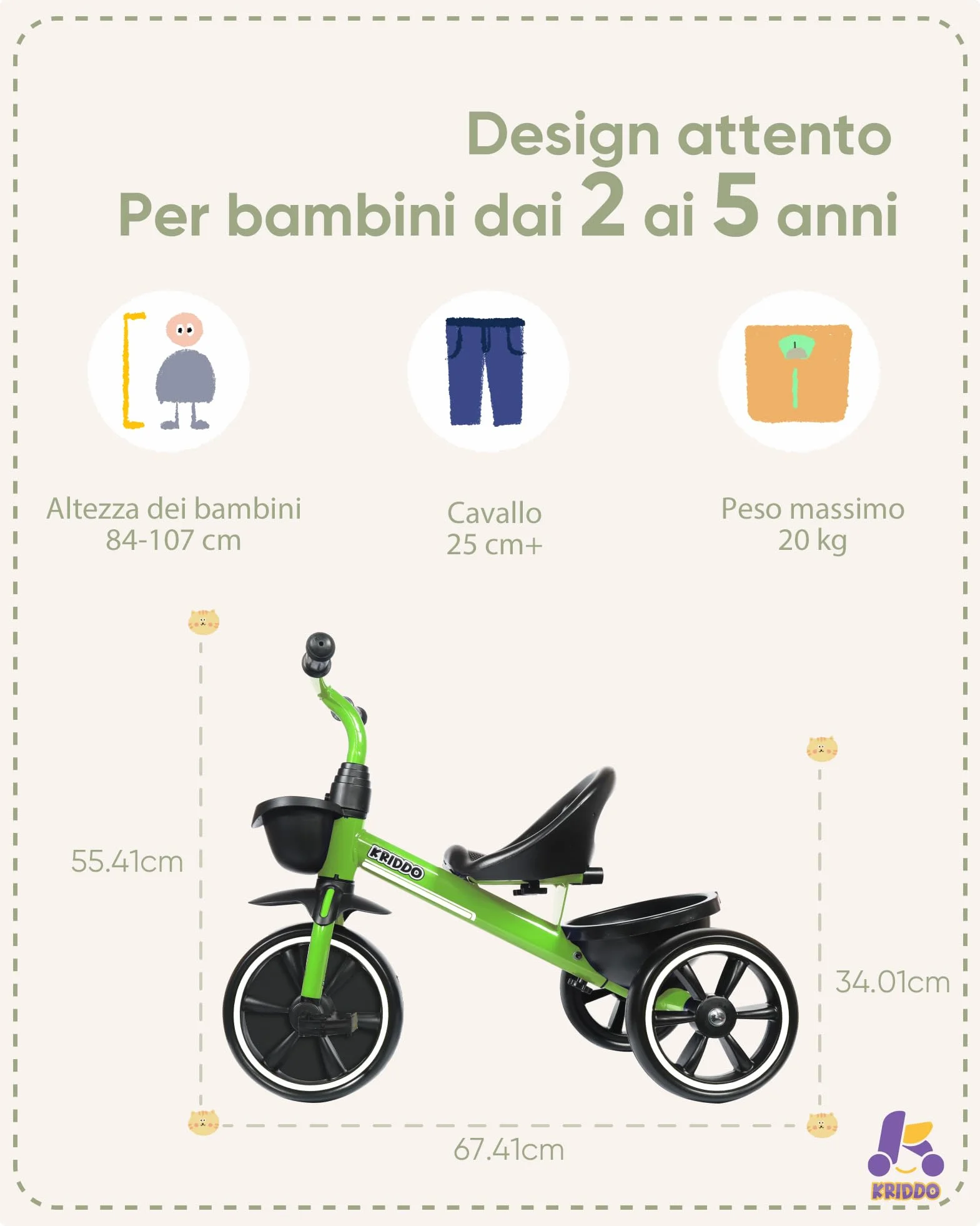 KRIDDO Triciclo per Bambini dai 24 mesi ai 5 anni, Tricicli per bambini da 2,5 a 5 anni, Triciclo Evolutivo da 2 a 4 anni, con Cestello Portaoggetti, Ideale da regalare, Verde