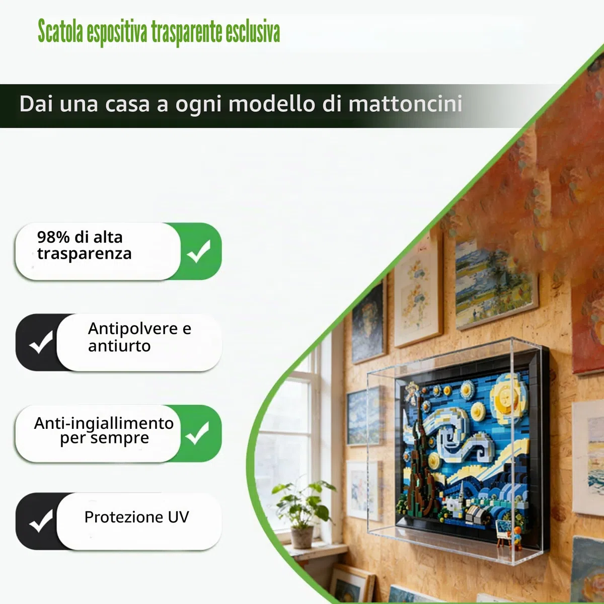 Supporto da parete per LEGO 21333 Van Goghs Notte stellata, vetrina trasparente antipolvere, supporto da parete integrato (modello non incluso)