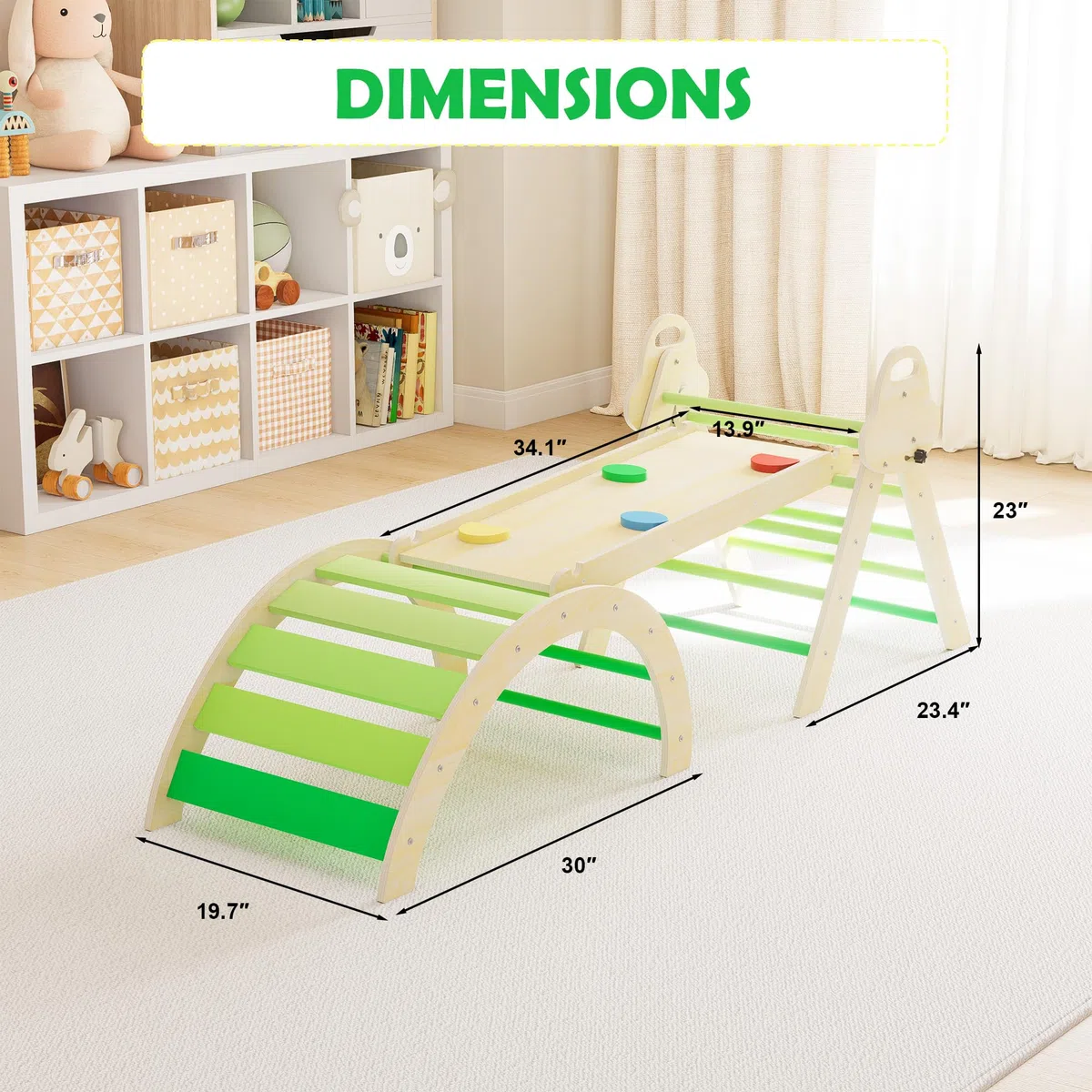 Puecrof Triangolo da Arrampicata Montessori 7 in 1 con Cuscino, Giocattolo da Arrampicata in Legno per Bambini da 1 a 3 Anni, Arco per Arrampicata Indoor con Scivolo, Scala e Arco da Gioco (Verde)