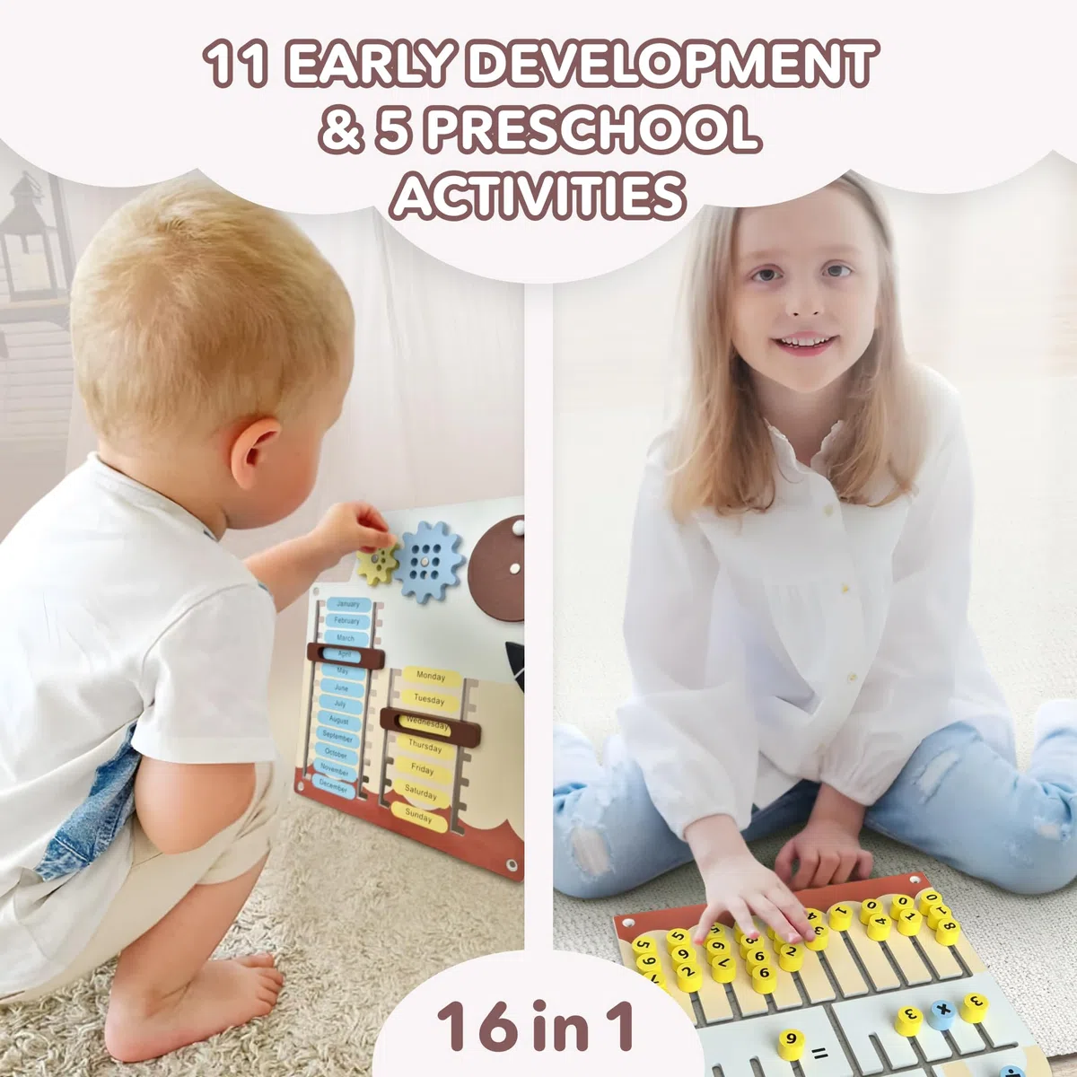 Cateam Pannello Sensoriale da Parete Montessori 16 in 1 Tavola Attività in Legno per Bambini
