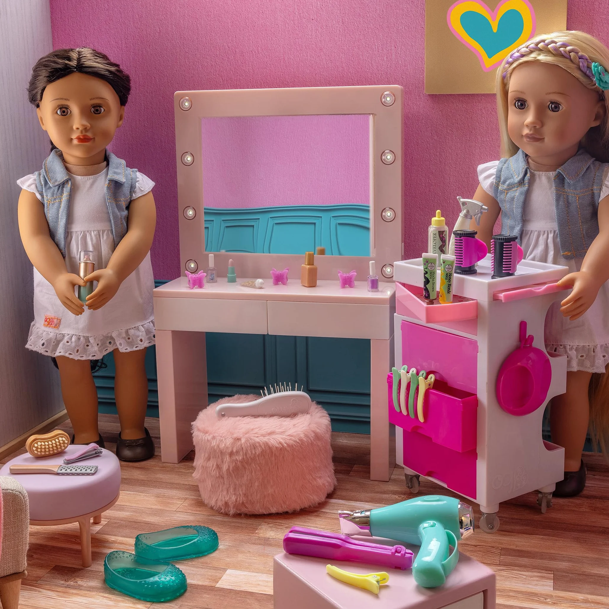 Our Generation Glam & Glow Vanità Playset - Tavolo Rosa con Specchio Luminoso - Giocattolo Trucco Bambini 3+