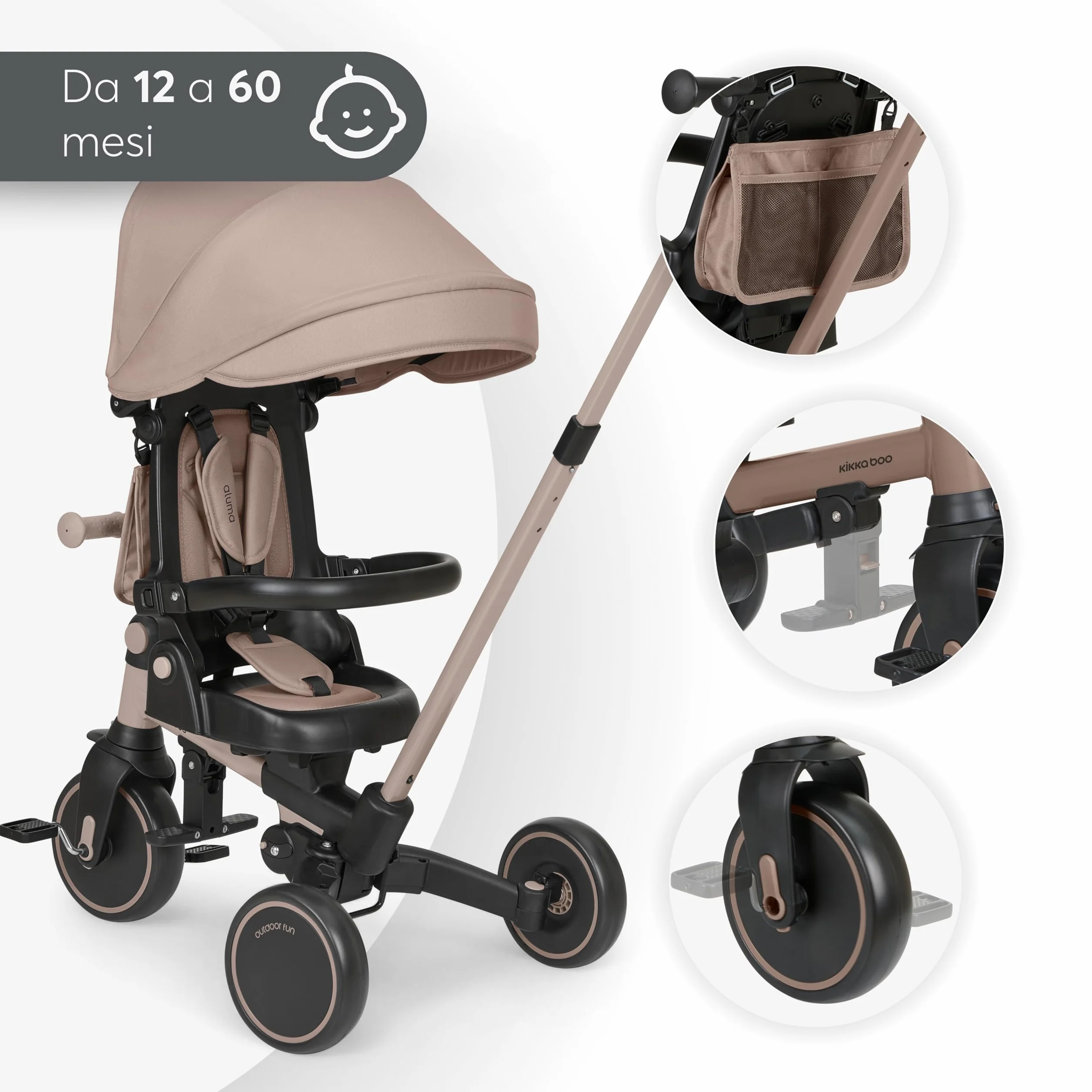 KikkaBoo Triciclo Evolutivo 8 in 1 ALUMA, da 12 Mesi a 5 Anni, Triciclo Passeggino Pieghevole con Maniglione per Genitori, Beige