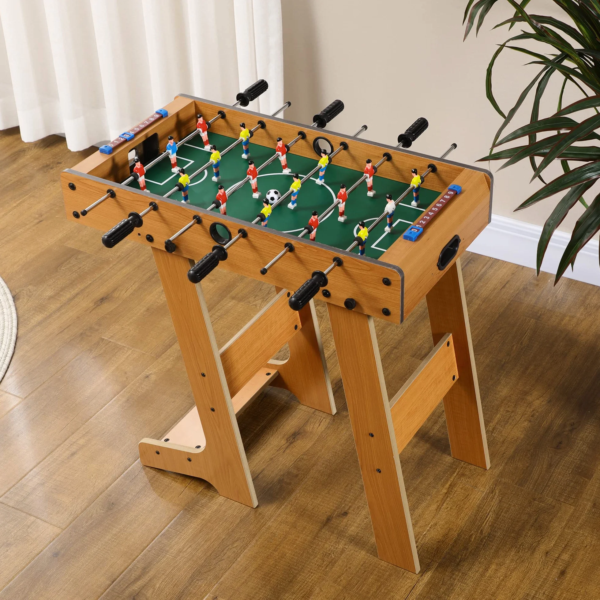 HOMCOM Calcio Balilla Pieghevole Compatto in Legno, Biliardino Salvaspazio con 6 Aste, 18 Giocatori e Segnapunti, 69x37x70cm