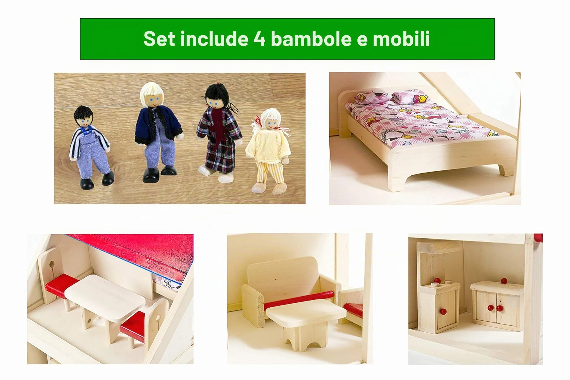Izzy Casa delle bambole in legno con 2 piani, 4 bambole e 9 mobili | Maniglia per il trasporto (casa delle bambole per bambini con 2 piani, mobili e accessori) - (38 x 27 x 39 cm)