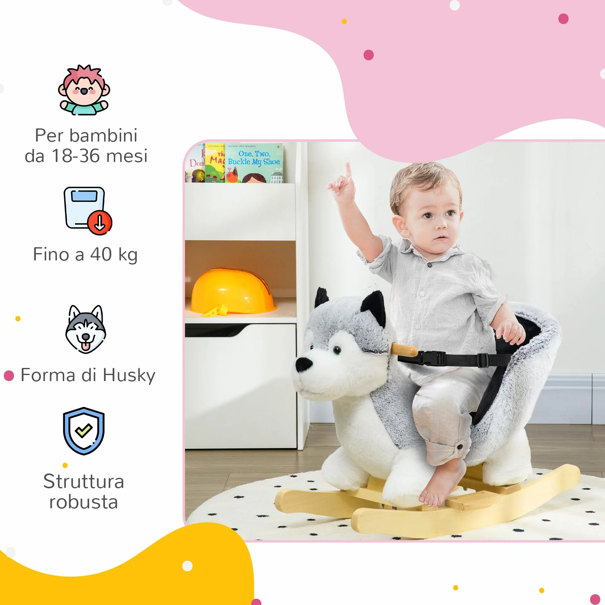 HOMCOM Cavallo a Dondolo per Bambini da 18-36 Mesi, Cavalluccio a Dondolo per Bambini Cavalcabile con Suoni Realistici, 60x33x50 cm, Grigio