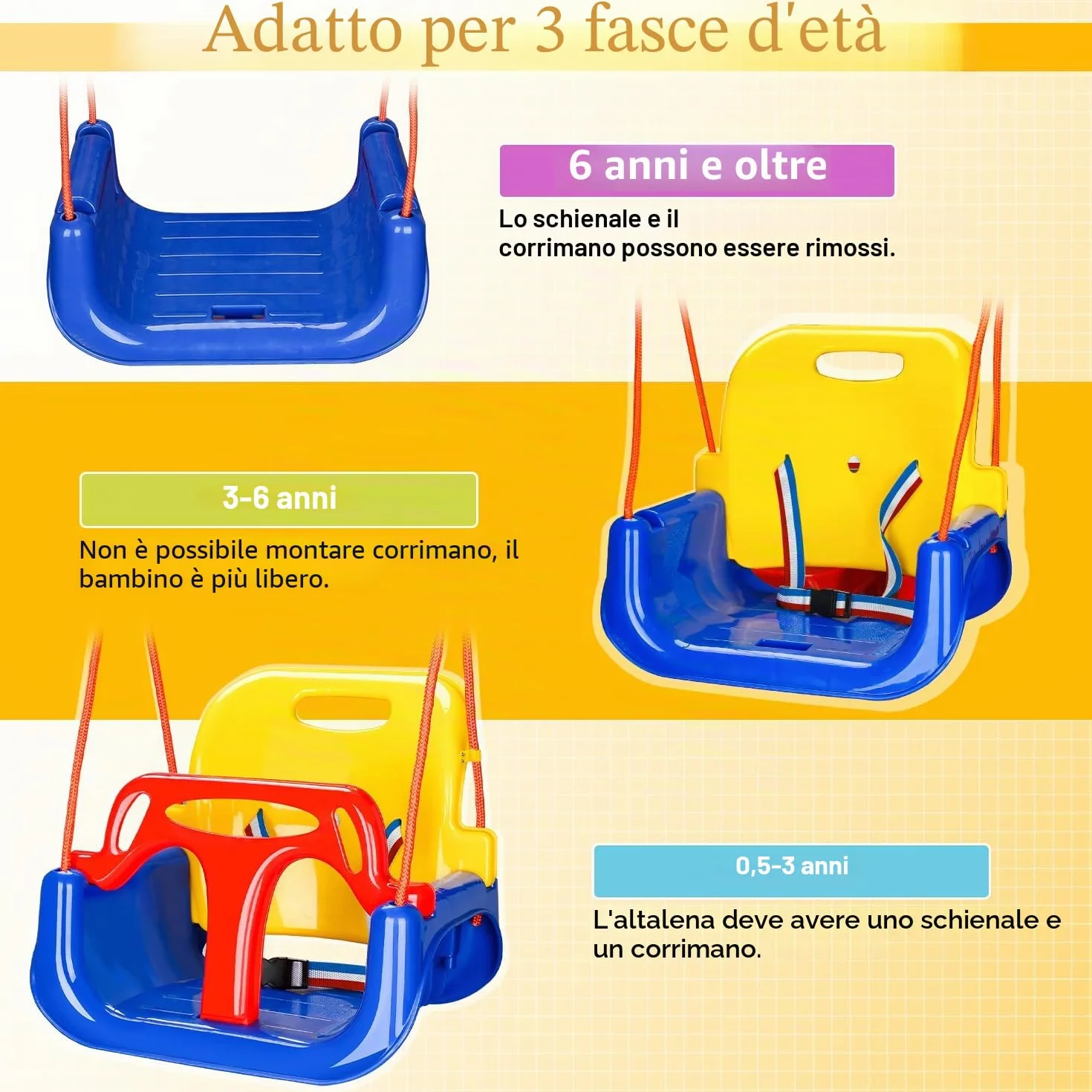 Altalena per bambini 3 in 1 fino a 50 kg, seggiolino rimovibile, regolabile in altezza, altalena per bambini che cresce con il bambino per esterni e interni