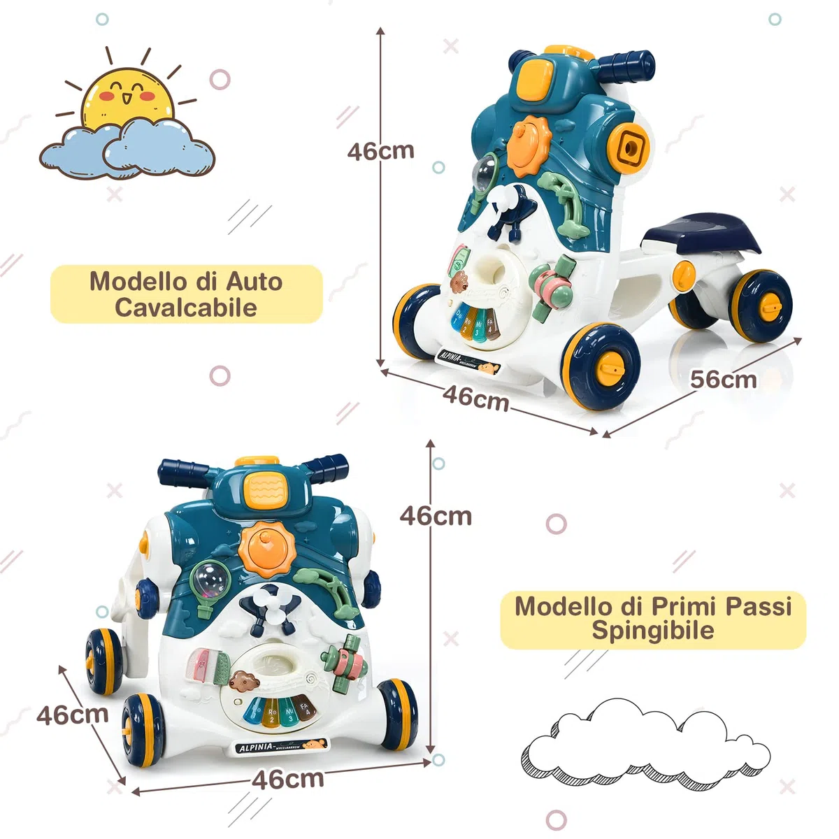 RELAX4LIFE 3 in 1 Primi Passi Spingibile, Scooter Cavalcabile con 4 Ruote Antiscivolo e Centro Attività con Giocattoli, Suoni, Tastiera Staccabile, 6-36Mesi(Blu)