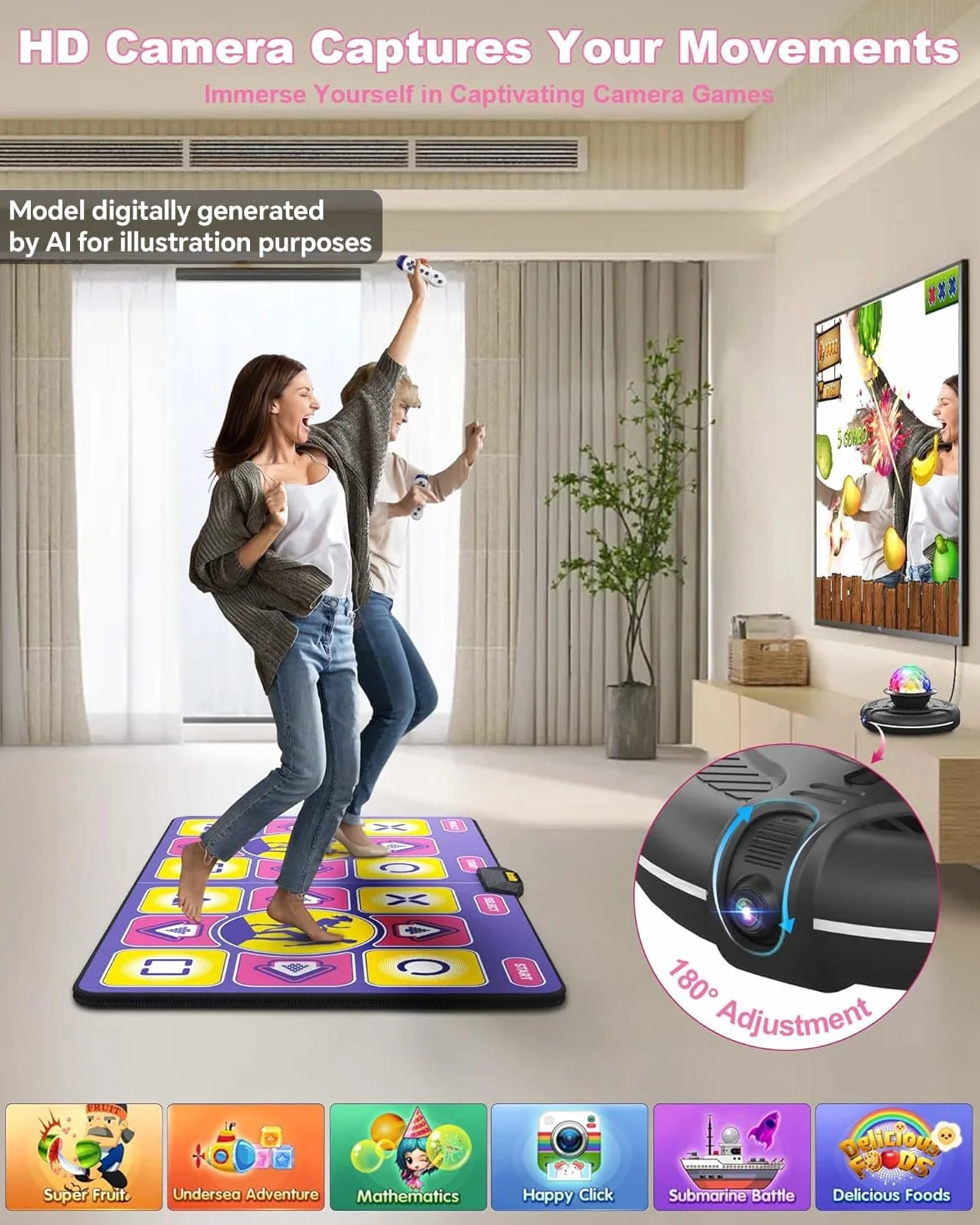 Tappetino da Ballo per TV con Controller Wireless, Doppio Utente, Antiscivolo, Fitness per Bambini e Adulti, Regalo per Ragazze e Ragazzi (Viola)