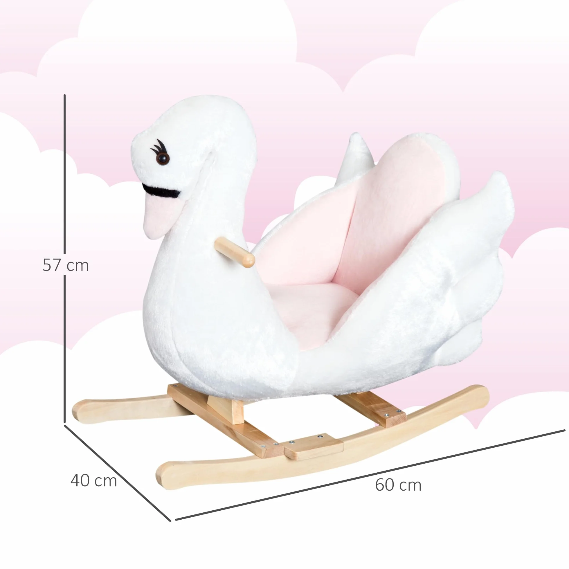 HOMCOM Cavallo a Dondolo a Forma di Cigno con Musica, Cavalluccio a Dondolo con Struttura in Metallo e Legno, Rivestimento Peluche, 60x40x57cm, Bianco