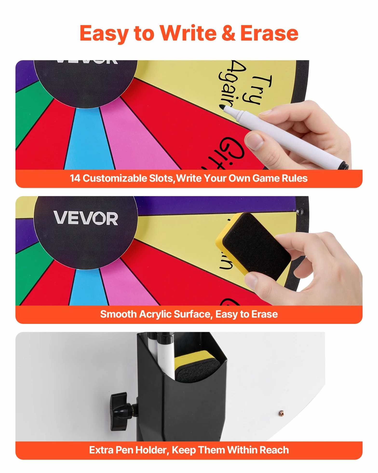 VEVOR Ruota dei Premi Girevole da 610 mm, Ruota Girevole a 14 Slot con Treppiede, Altezza Regolabile, Roulette Win Fortune con Cancellabile a Secco e 2 Pennarelli, 6 Colori, per Feste, Pub, Carnevale